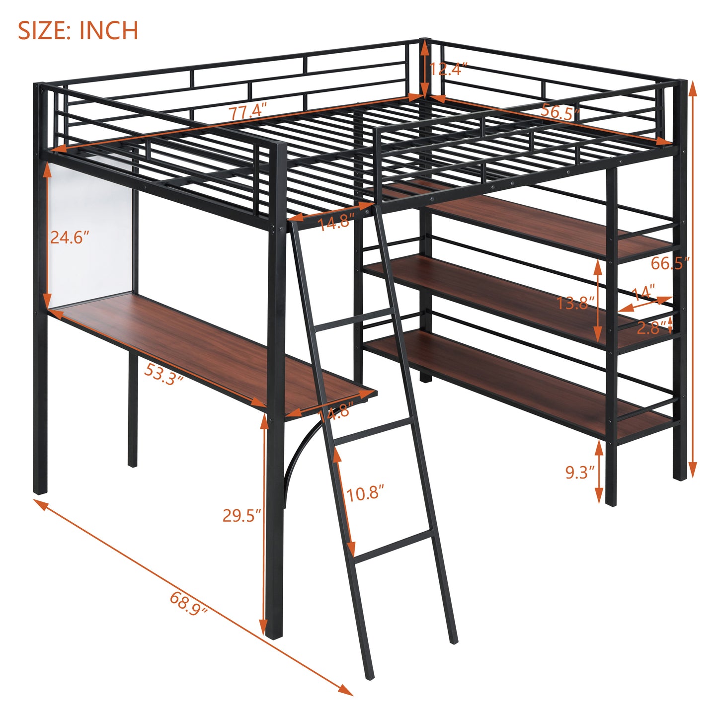 Full Size Loft Metal Bed with 3 Layers of Shelves and Desk, Stylish Metal Frame Bed with Whiteboard, Black