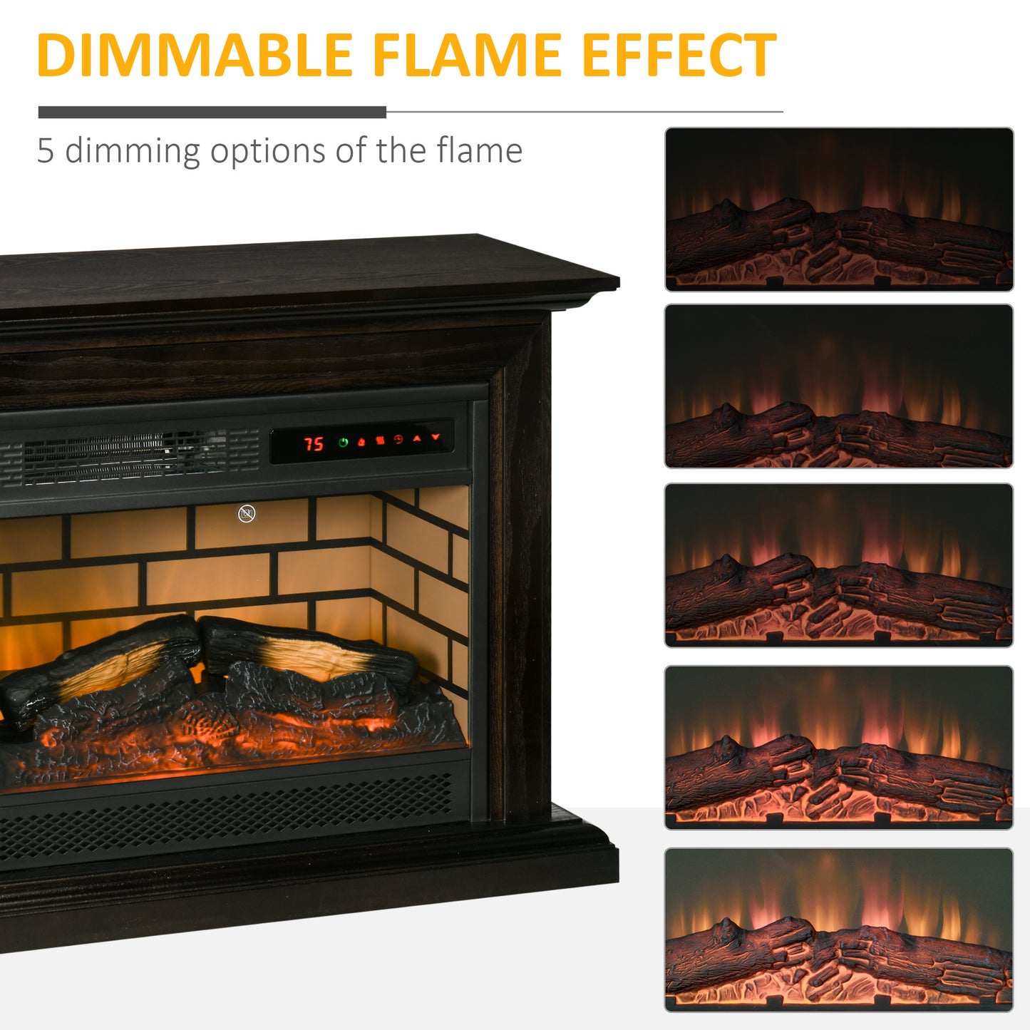 31 Brown Electric Fireplace with Dimmable Flame Effect, Mantel, and Remote Control