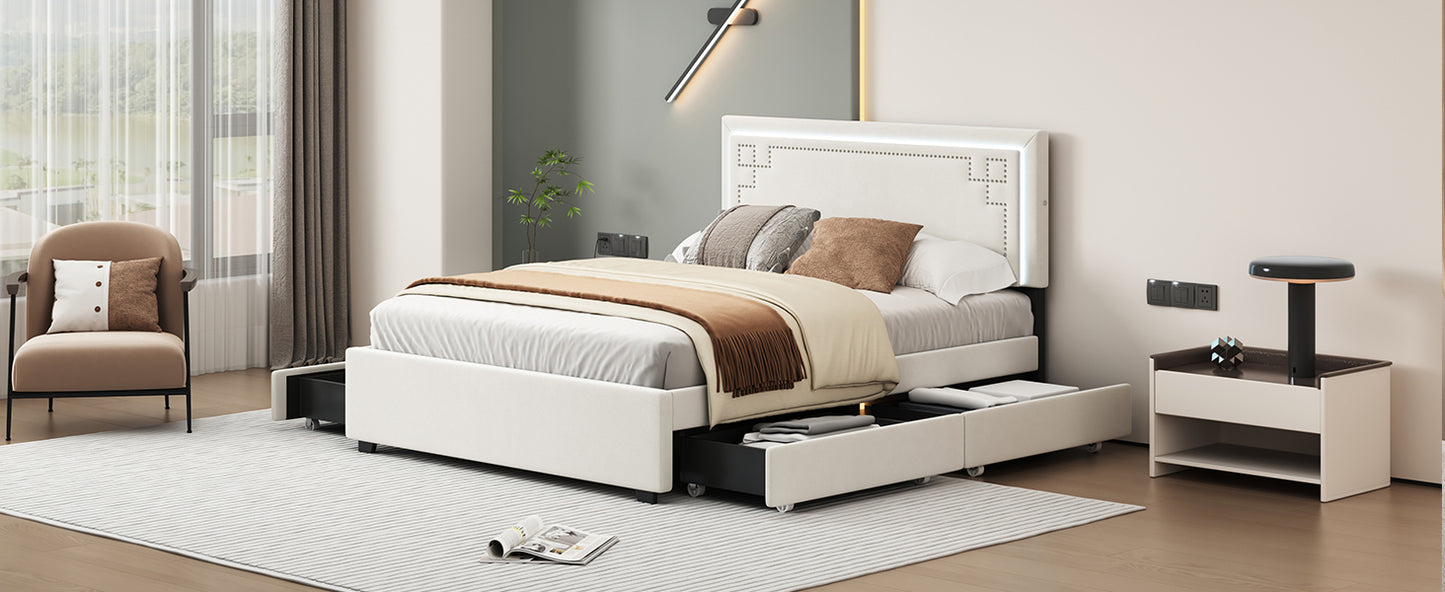 Queen Size Upholstered Platform Bed with Rivet-decorated Headboard, LED bed frame and 4 Drawers, Beige