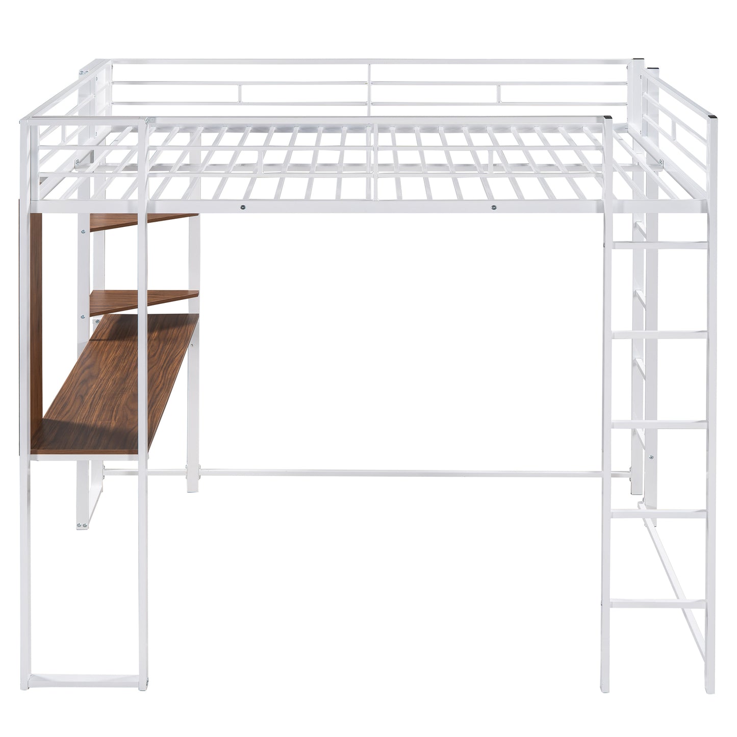Full Size Metal Loft Bed with 2 Shelves and one Desk ,White
