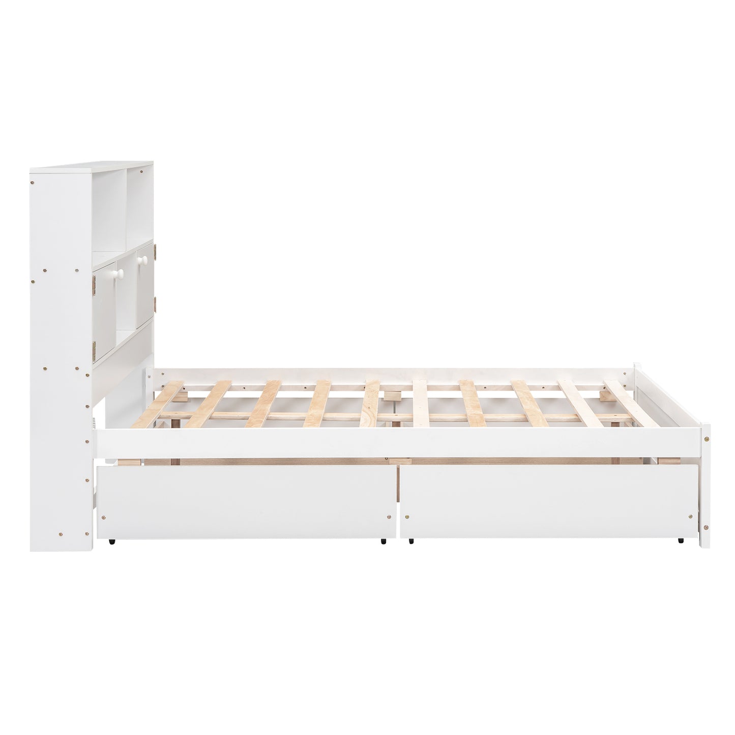 Full Size Platform Bed with Storage Headboard, Charging Station and 4 Drawers, White