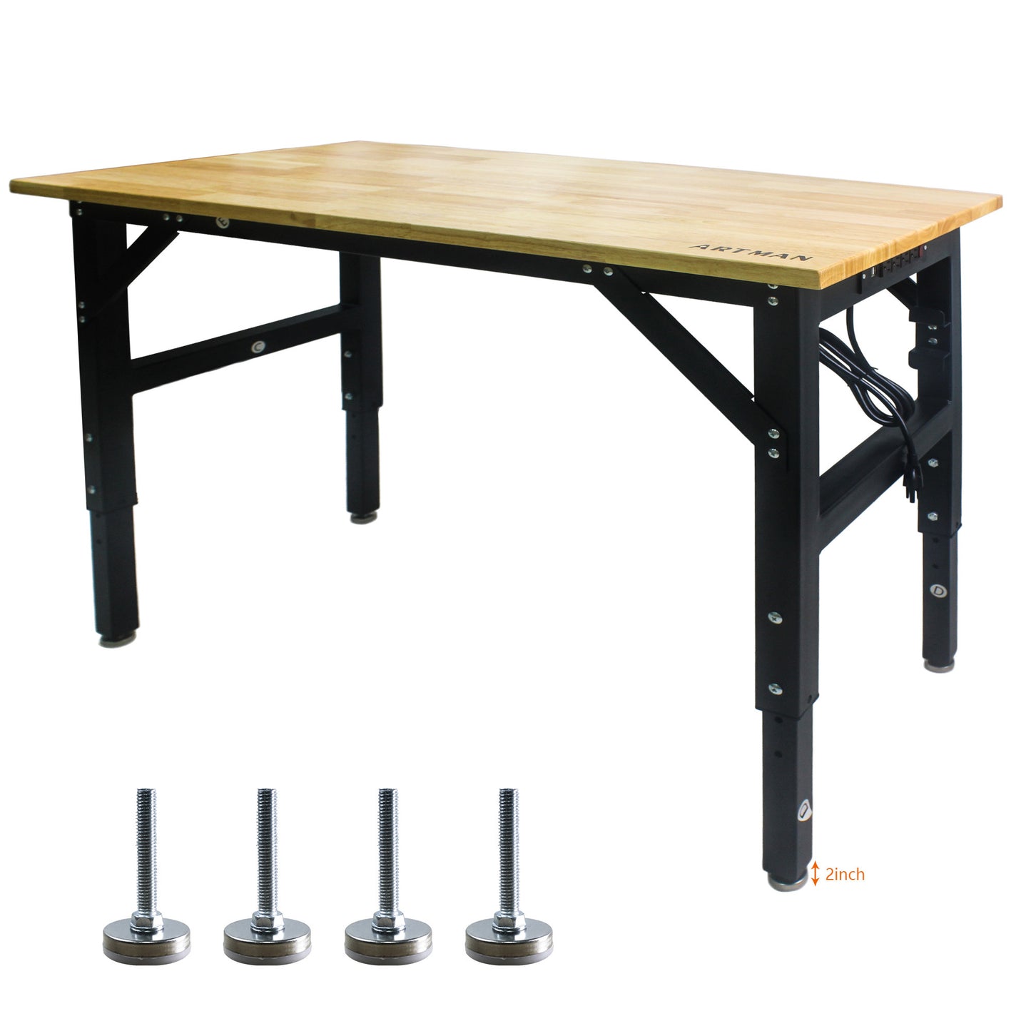 Adjustable Steel Workstation with Hardwood Top and Built-In Power Outlets