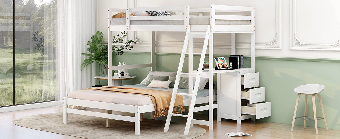 White Loft Bunk Bed with Built-in Desk and Storage