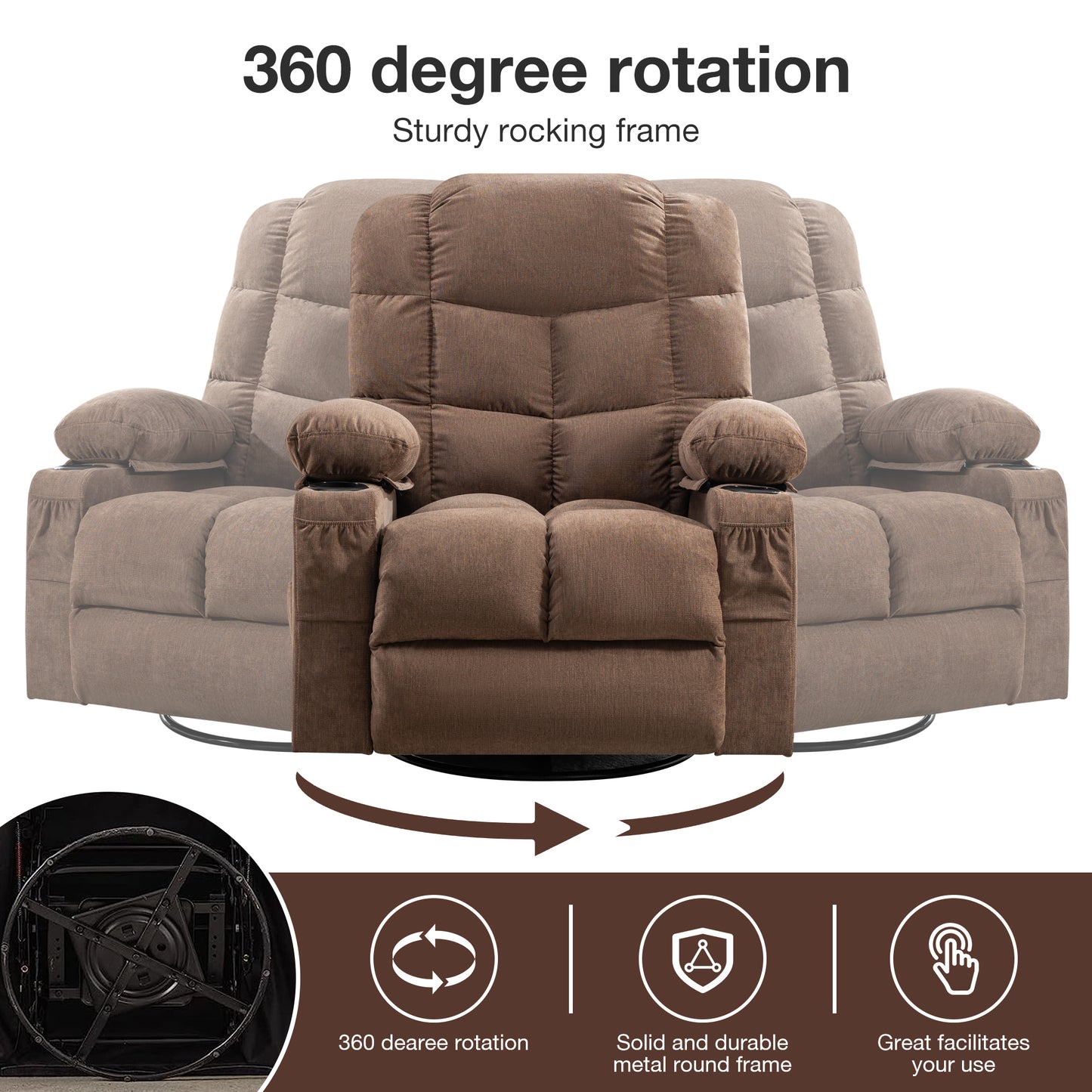 Brown Rocking Massage Recliner Chair with Heating and USB Charge Port