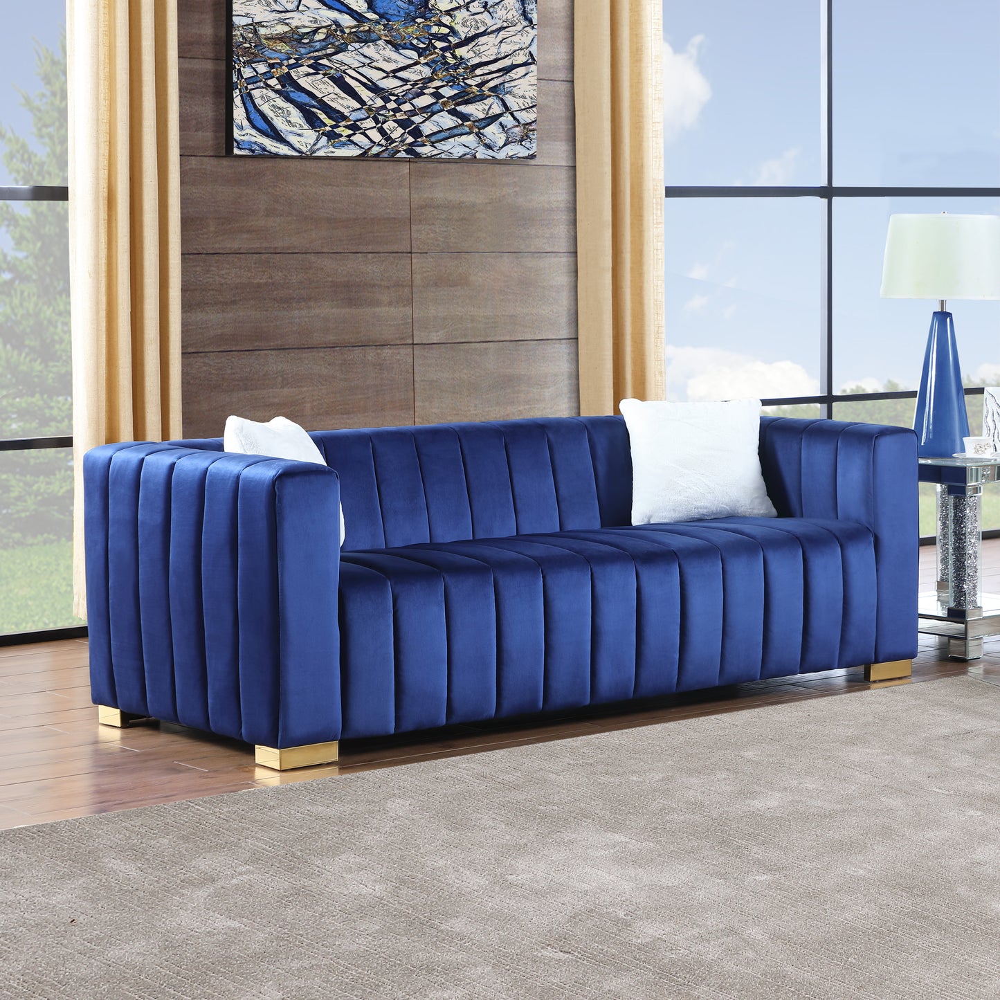 A modern  channel sofa  take on a traditional Chesterfield,Navy blue color,3 seater