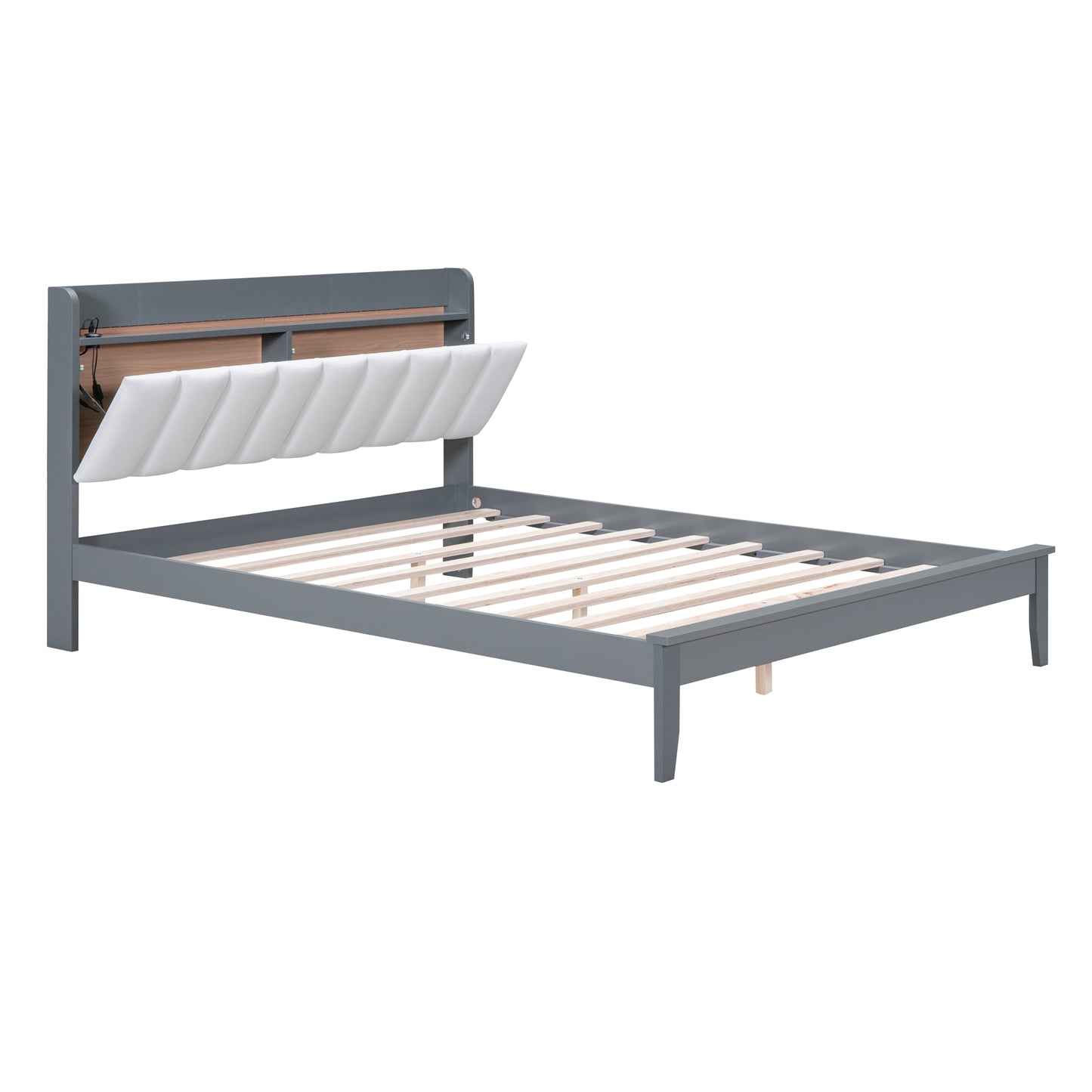 Queen size Platform Bed with USB Charging Station and Storage Upholstered Headboard,LED Bed Frame,No Box Spring Needed,Gray+White