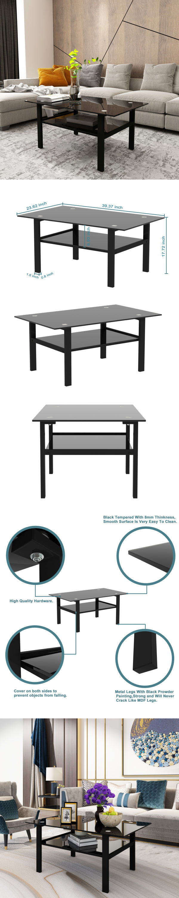 Contemporary Black Glass Coffee Table with Sleek Design and Versatility