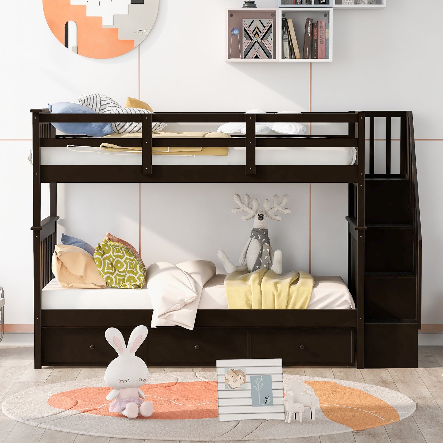 Staircase Twin Bunk Bed with Storage Drawers - Espresso