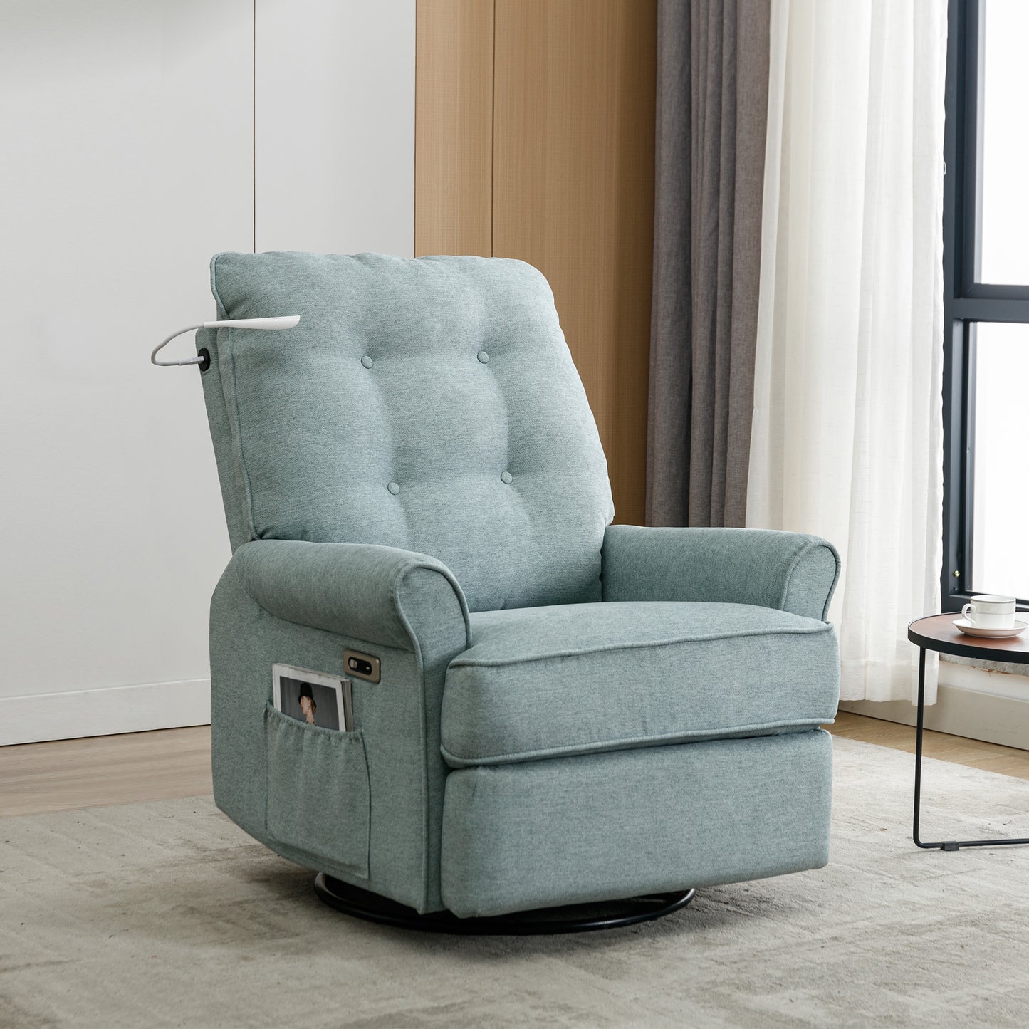 Lotus Green Swivel Recliner Chair with USB Port, Side Pocket, and Touch Sensitive Lamp