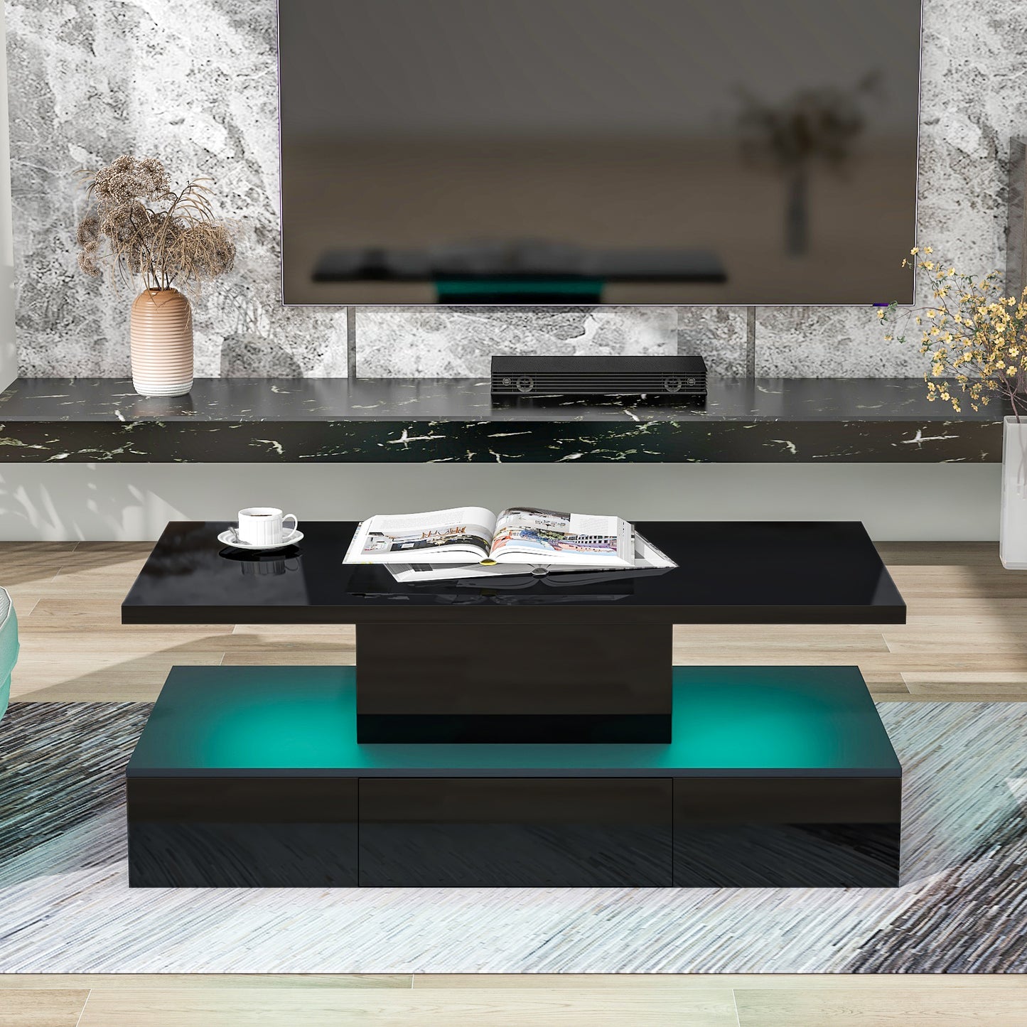 Glossy Black LED Coffee Table with Drawer and Double-Tiered Storage