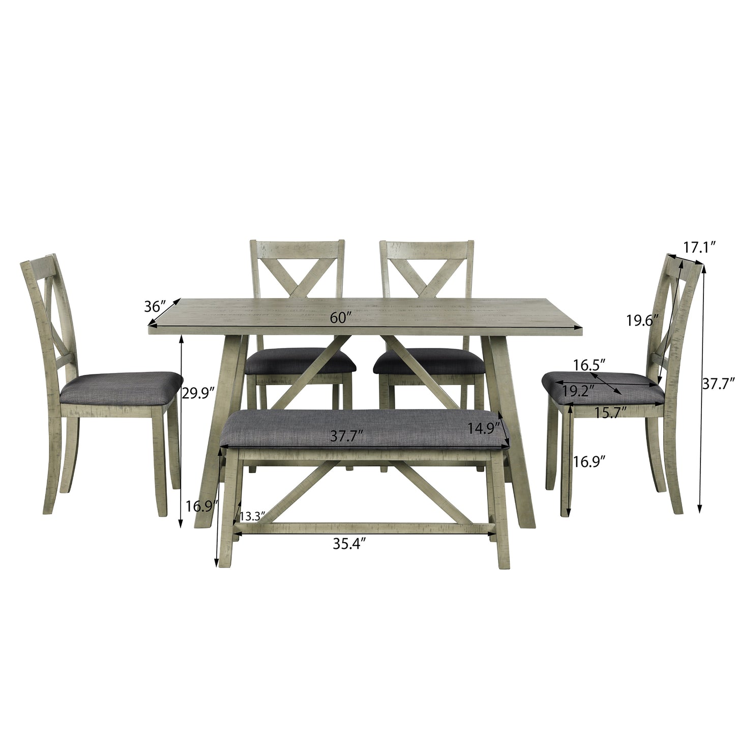 6 Piece Dining Table Set Wood Dining Table and chair Kitchen Table Set with Table, Bench and 4 Chairs, Rustic Style, Gray(No Difference with SH000109AAE)