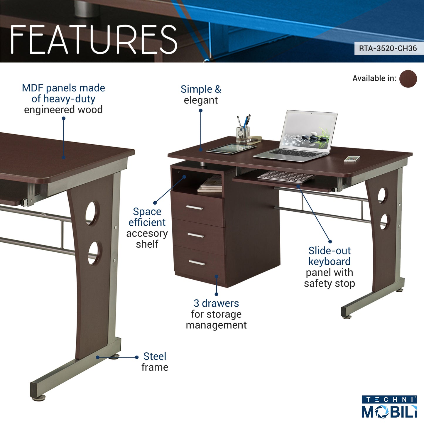 Stylish Chocolate Computer Desk with Spacious Storage