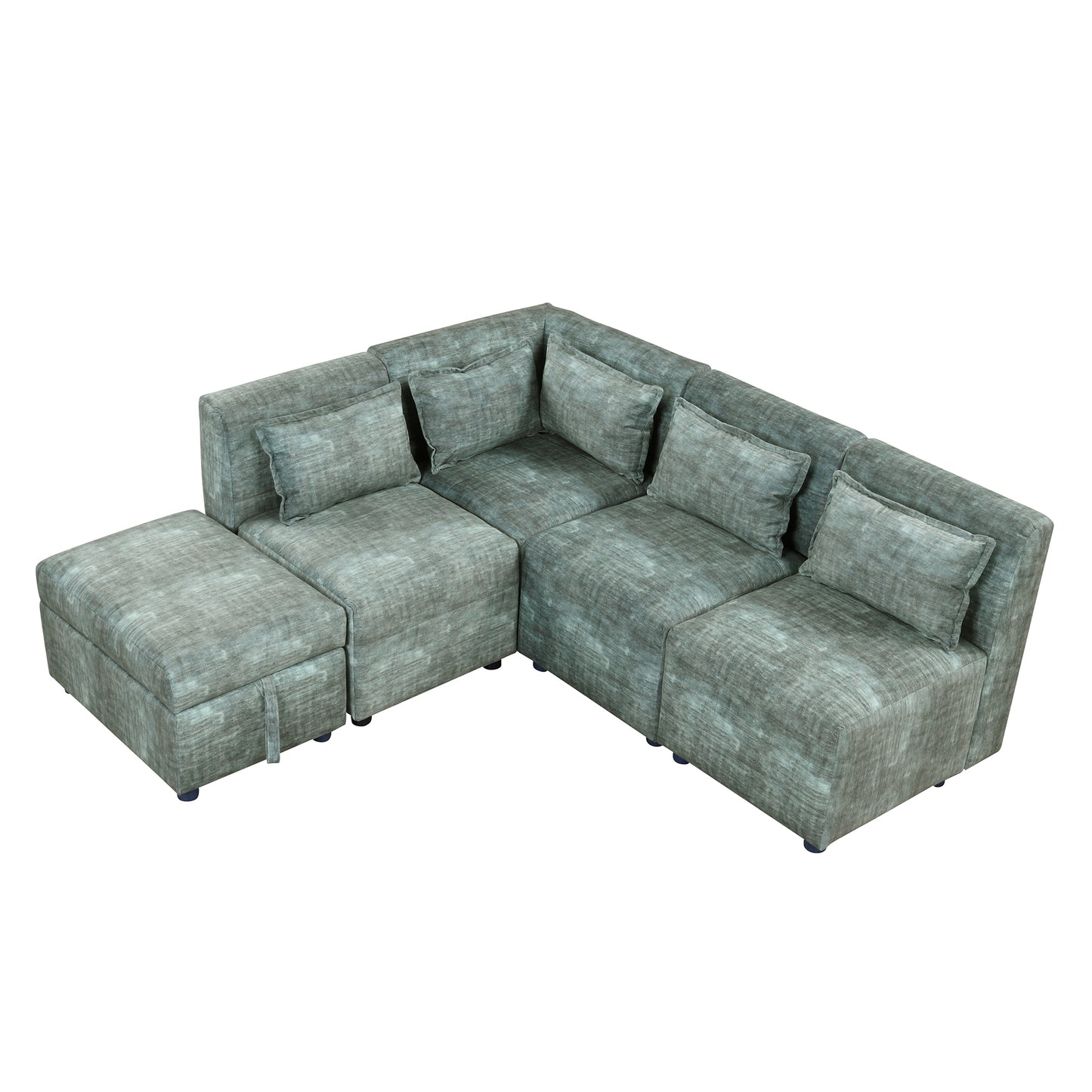 Endless Lounge Creations: Free-Combined Blue-Green Sectional Sofa with Storage Ottoman and 5 Pillows