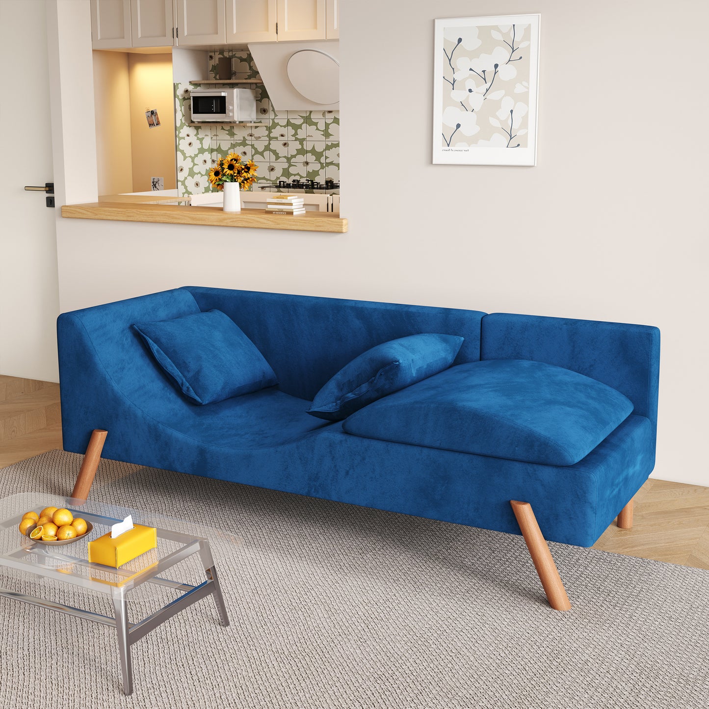 Cut-and-fill chaise longue, convertible multifunctional loveseat sofa blue