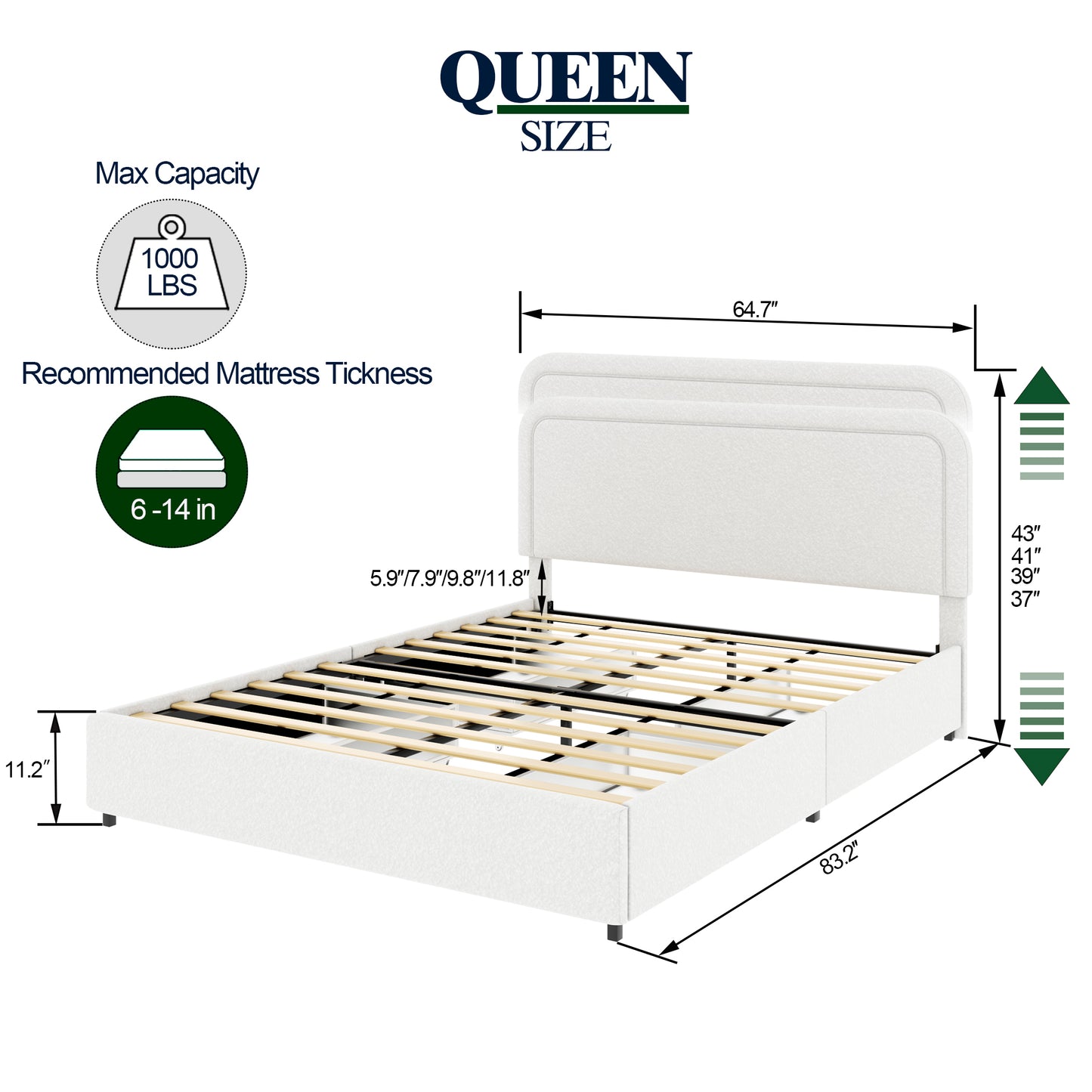 Liv Queen Size Ivory Boucle Upholstered Platform Bed with Patented 4 Drawers Storage, Curved Stitched Tufted Headboard, Wooden Slat Mattress Support, No Box Spring Needed