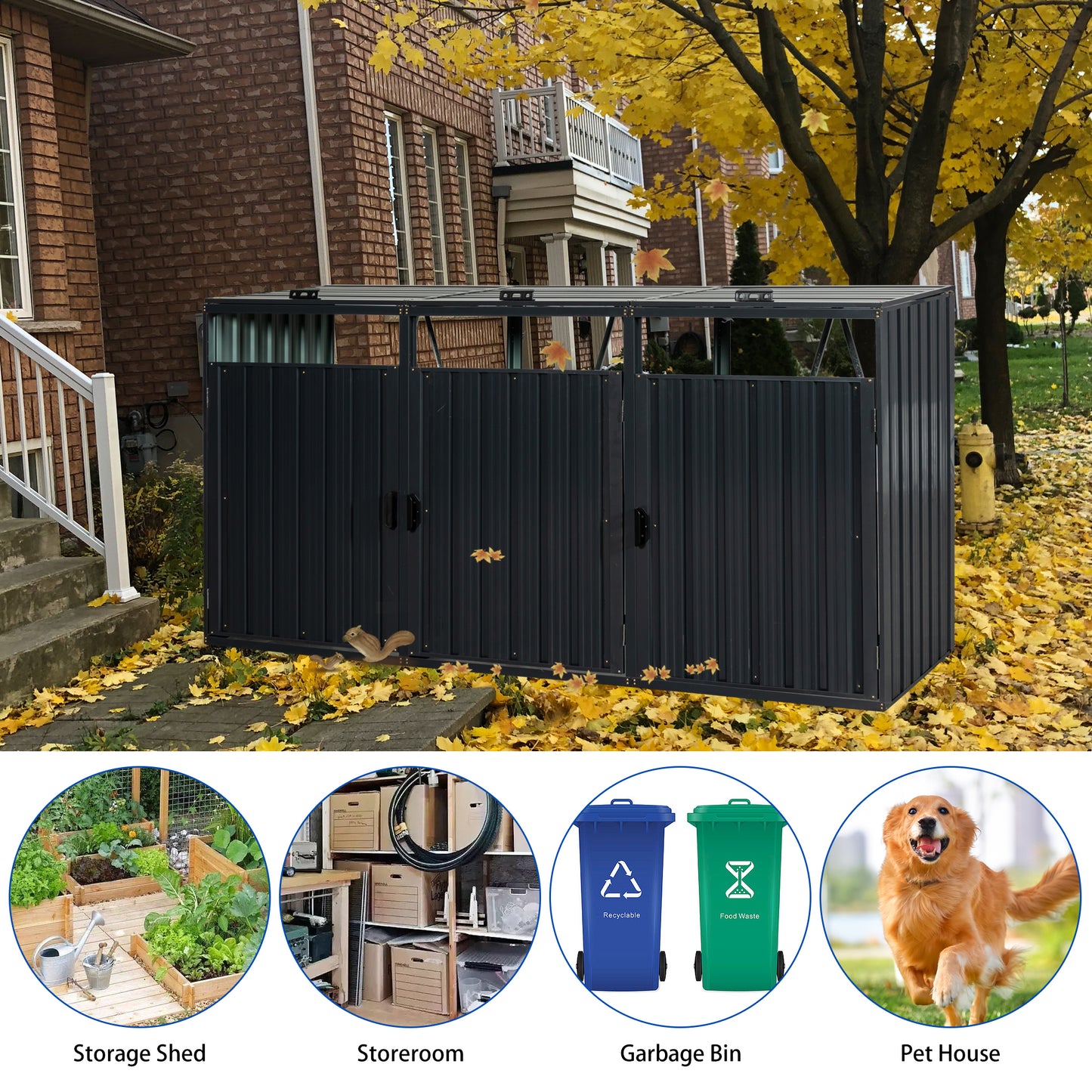 W540120221 Garbage Bin Shed Stores 3 Trash Cans Metal Outdoor Bin Shed for Garbage Storage,Stainless Galvanized Steel, Bin Shed for Garden Yard Lawn