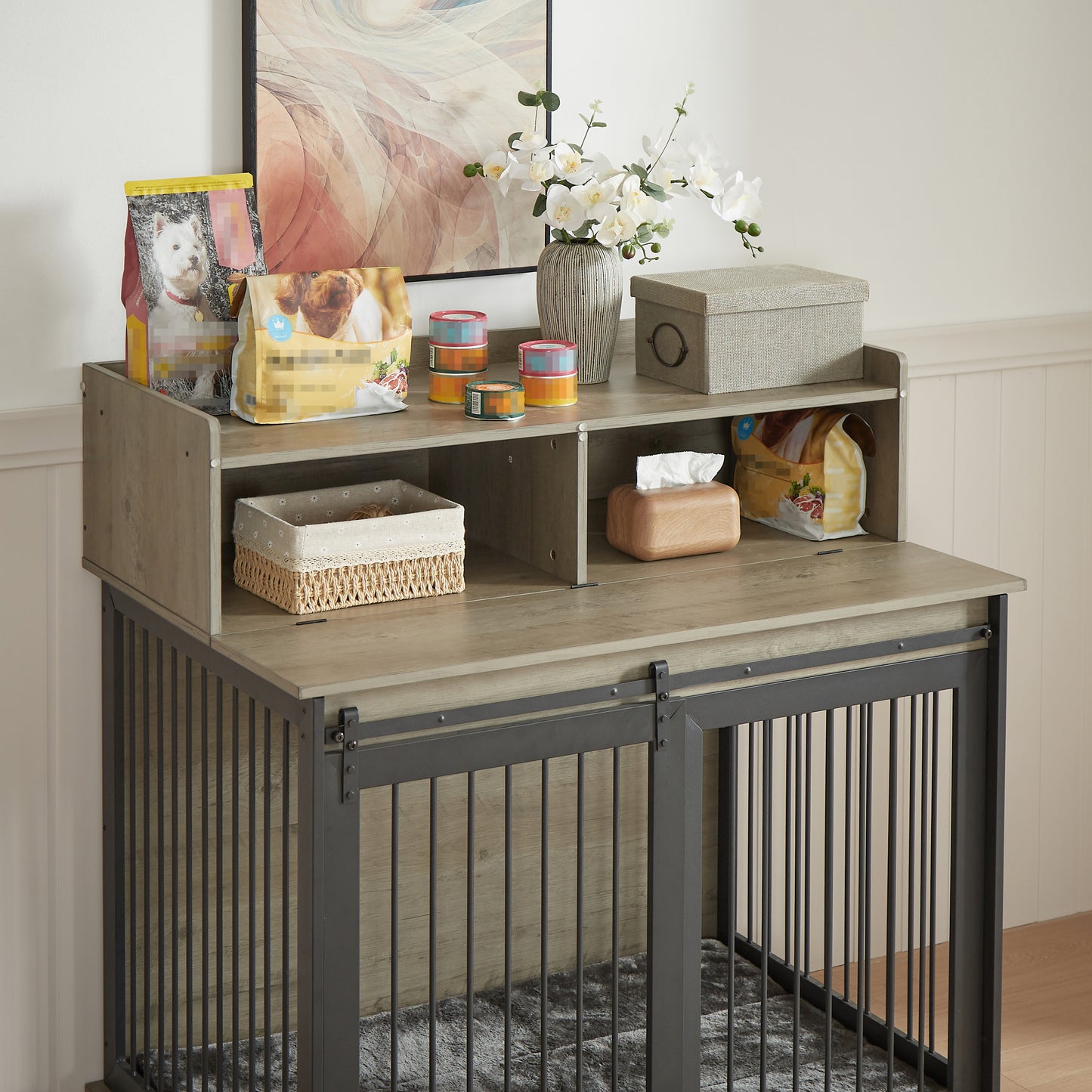 Furniture type dog cage iron frame door with cabinet, top can be opened and closed. Grey, 43.7'' W  x 29.9'' D  x 42.2'' H