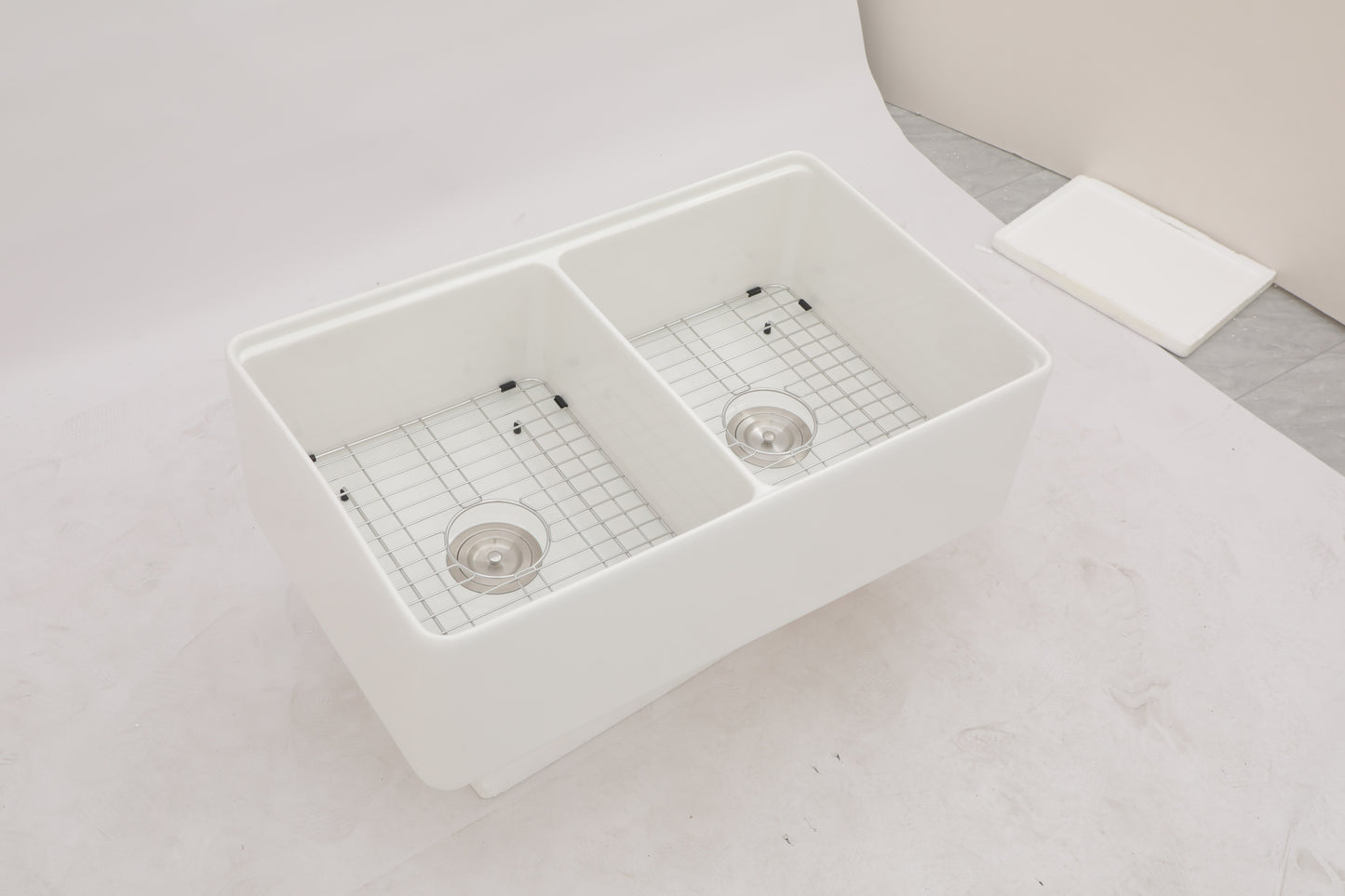 White Ceramic Double Bowl Farmhouse Kitchen Sink Workstation - 33 Deep White Farm Sink