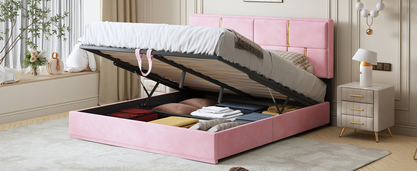 Queen Size Upholstered Platform Bed with Hydraulic Storage System,No Box Spring Needed,Pink