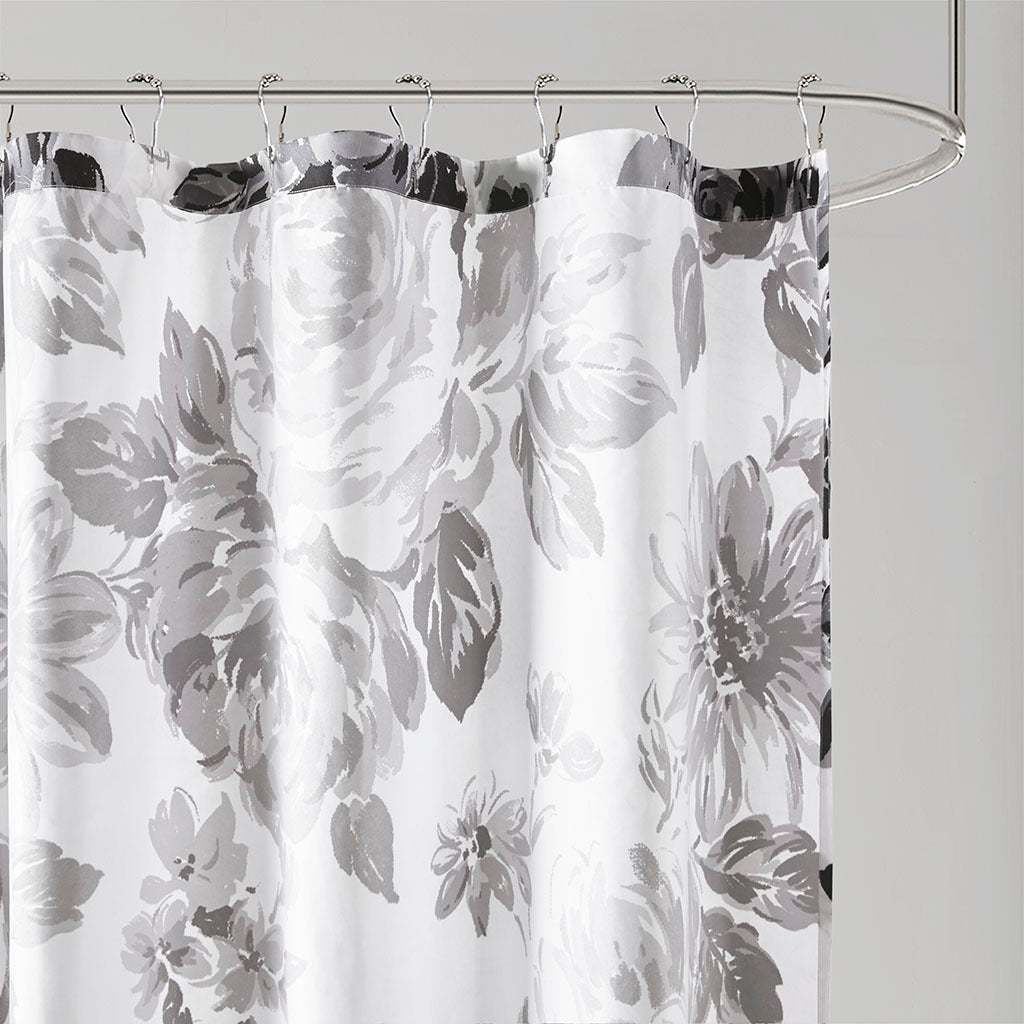 Elegant Black and White Floral Microfiber Shower Curtain