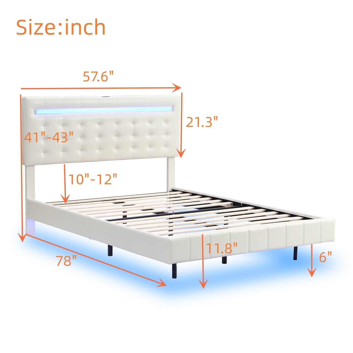 Full Size Floating Bed Frame with LED Lights and USB Charging,Modern Upholstered Platform LED Bed Frame,White(Full)