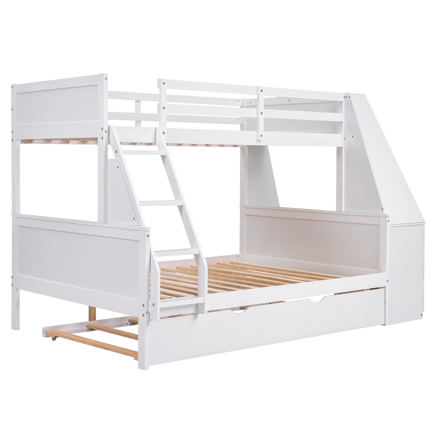 Space-Saving Twin over Full Bunk Bed with Built-in Desk and Trundle - White