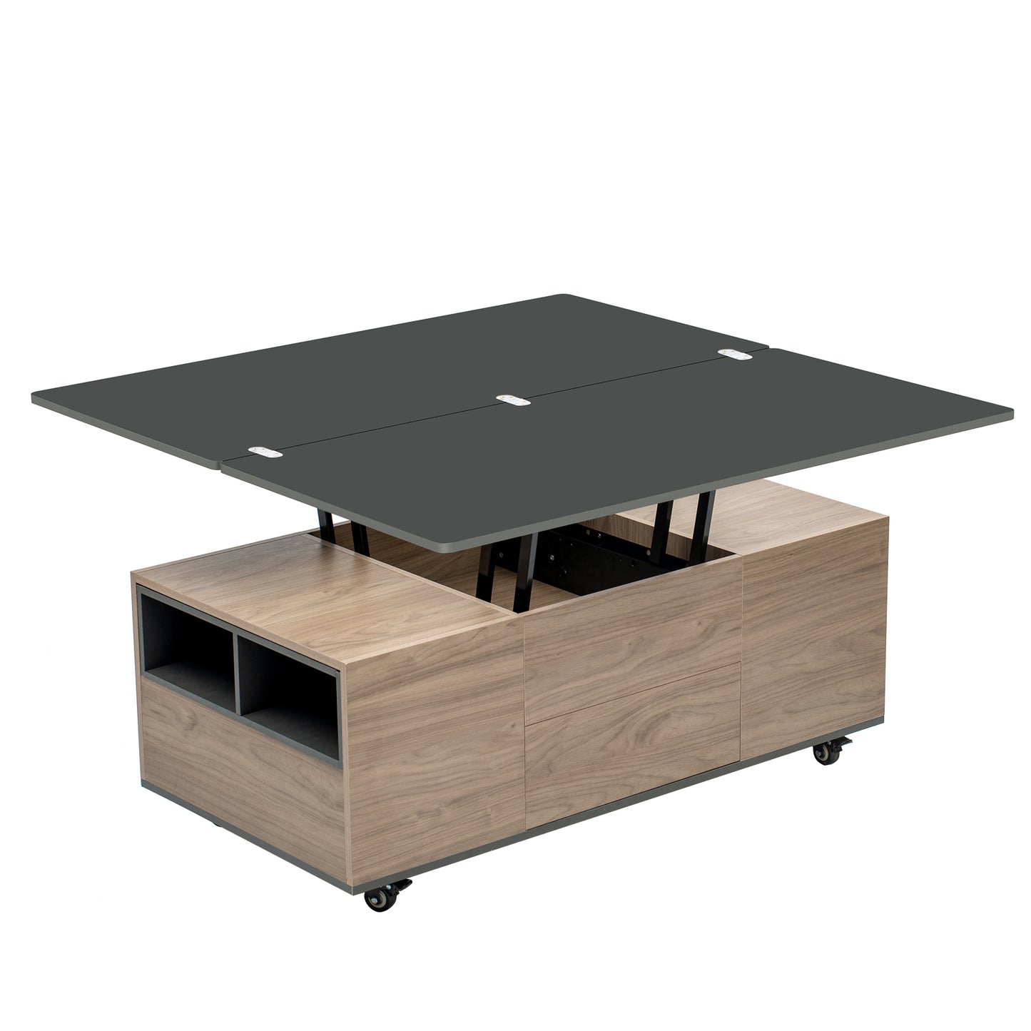 Walnut and Black Lift Top Coffee Table with Multi Functional Drawers