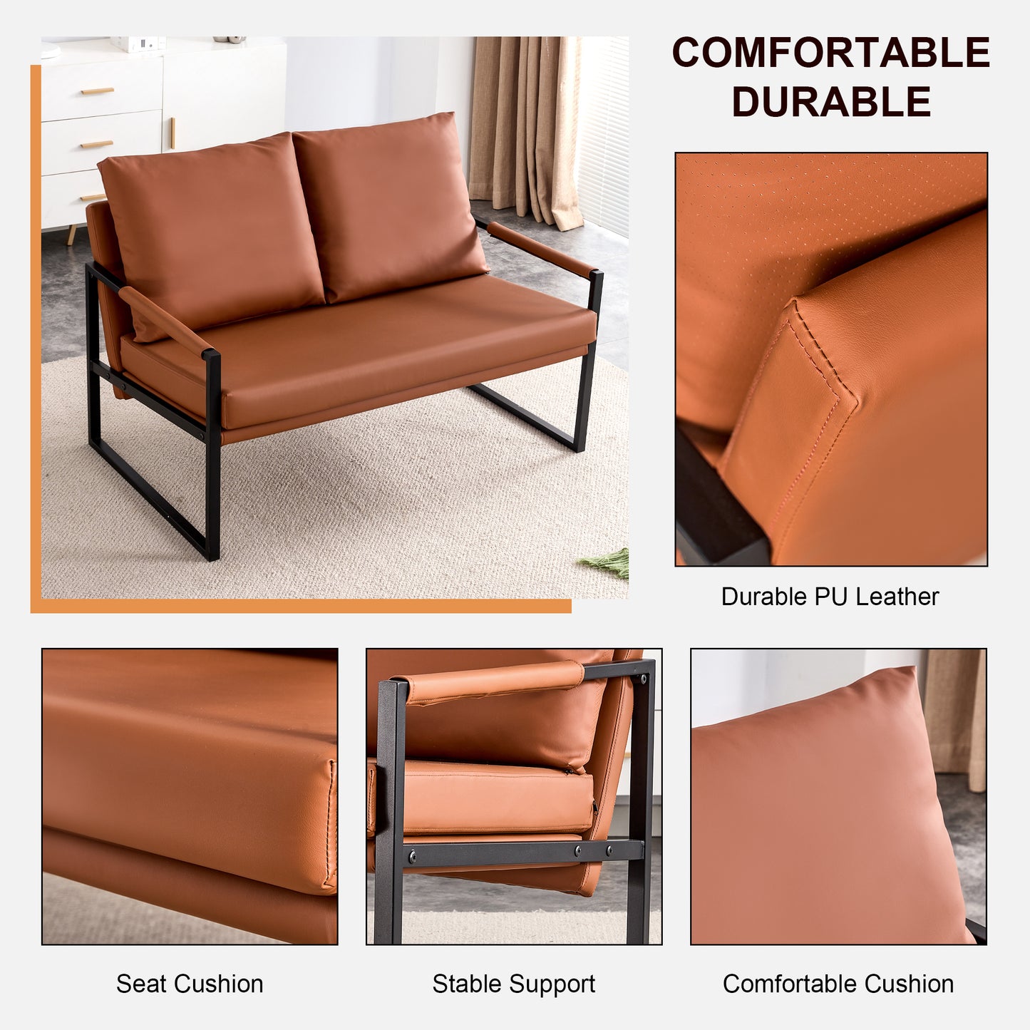 PU leather armchair metal frame cushion armchair, cushion backrest, living room sofa 1 double sofa+2 single sofa (brown PU leather+metal frame+foam) SF-008