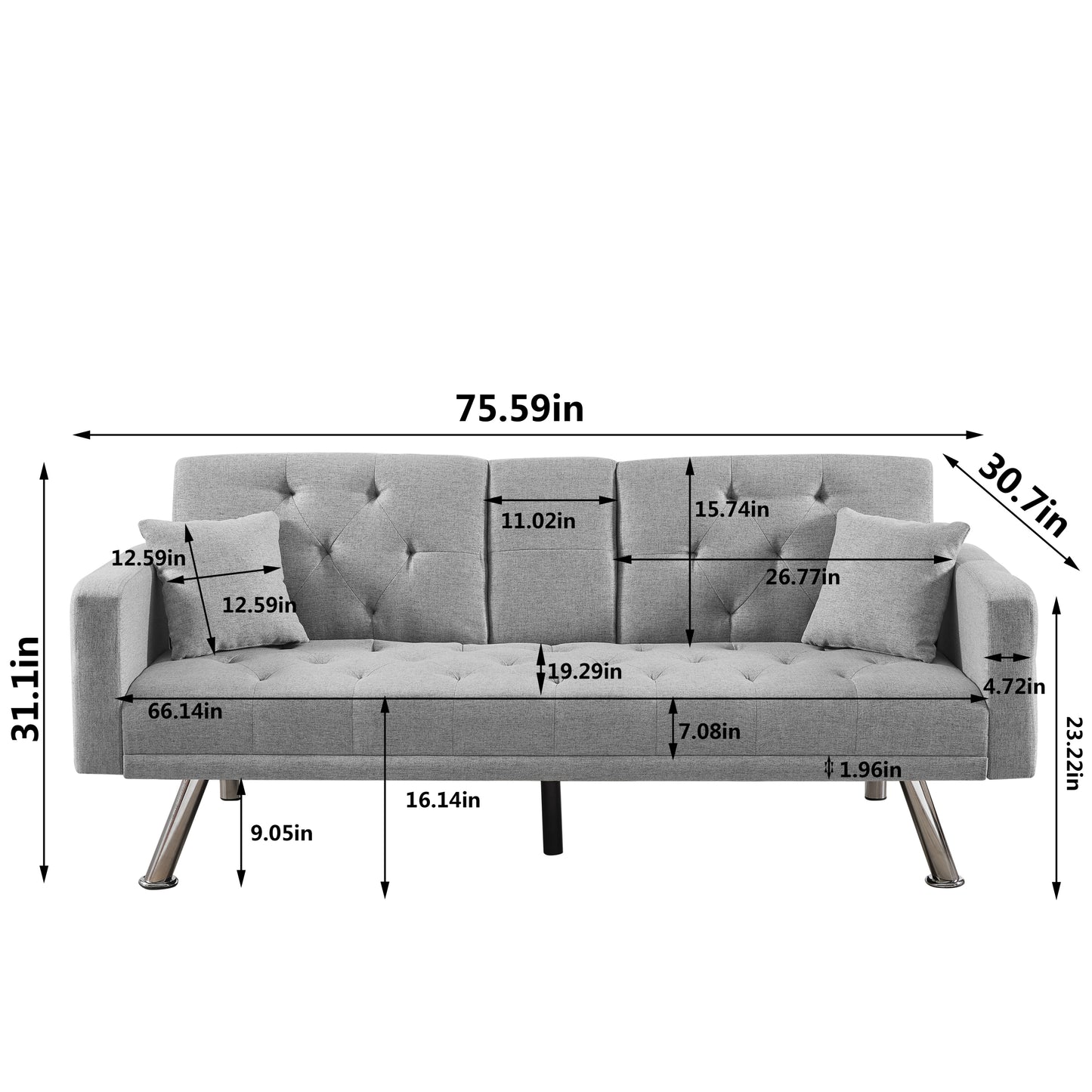 Square Arm Armrests, Grey Linen Convertible Sofa and Daybed