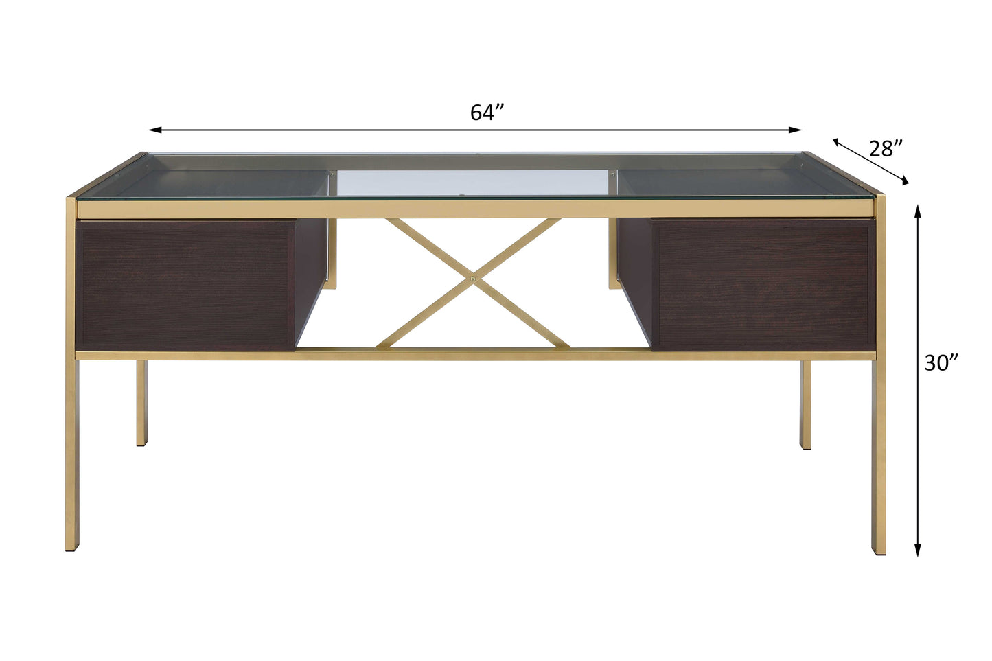 Sophisticated Gold and Clear Glass Writing Desk with Wooden Drawers and Industrial Touch