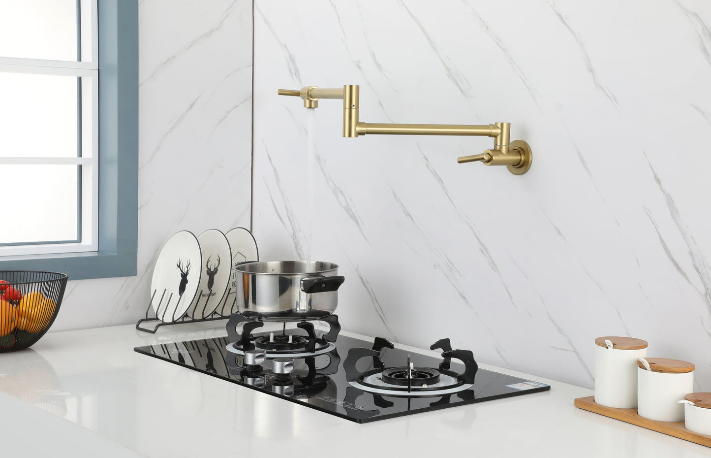 Gold Pot Filler Faucet Wall Mount Kitchen Folding Faucet with Double Joint Swing Arms, Two Handle Design