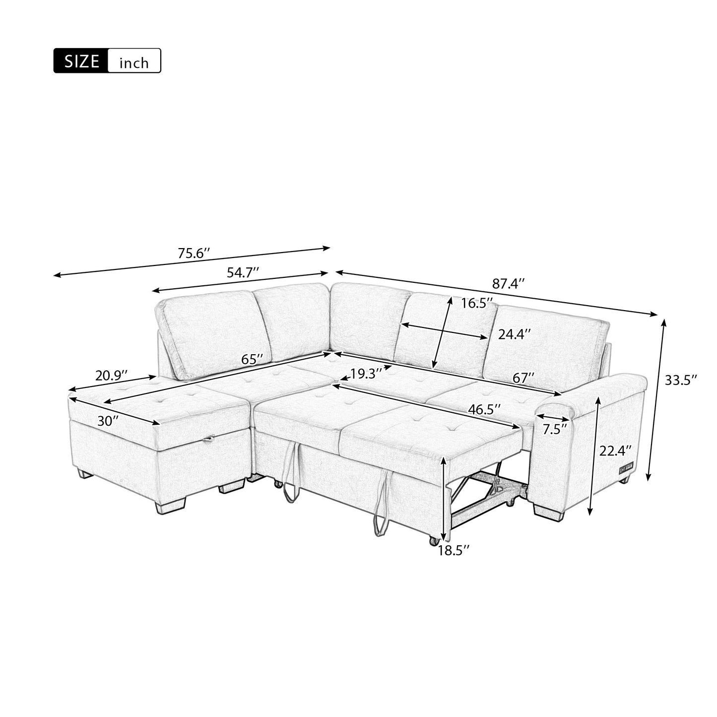 L-Shaped Sleeper Sectional Sofa with Ottoman and USB Charge, Dark Gray