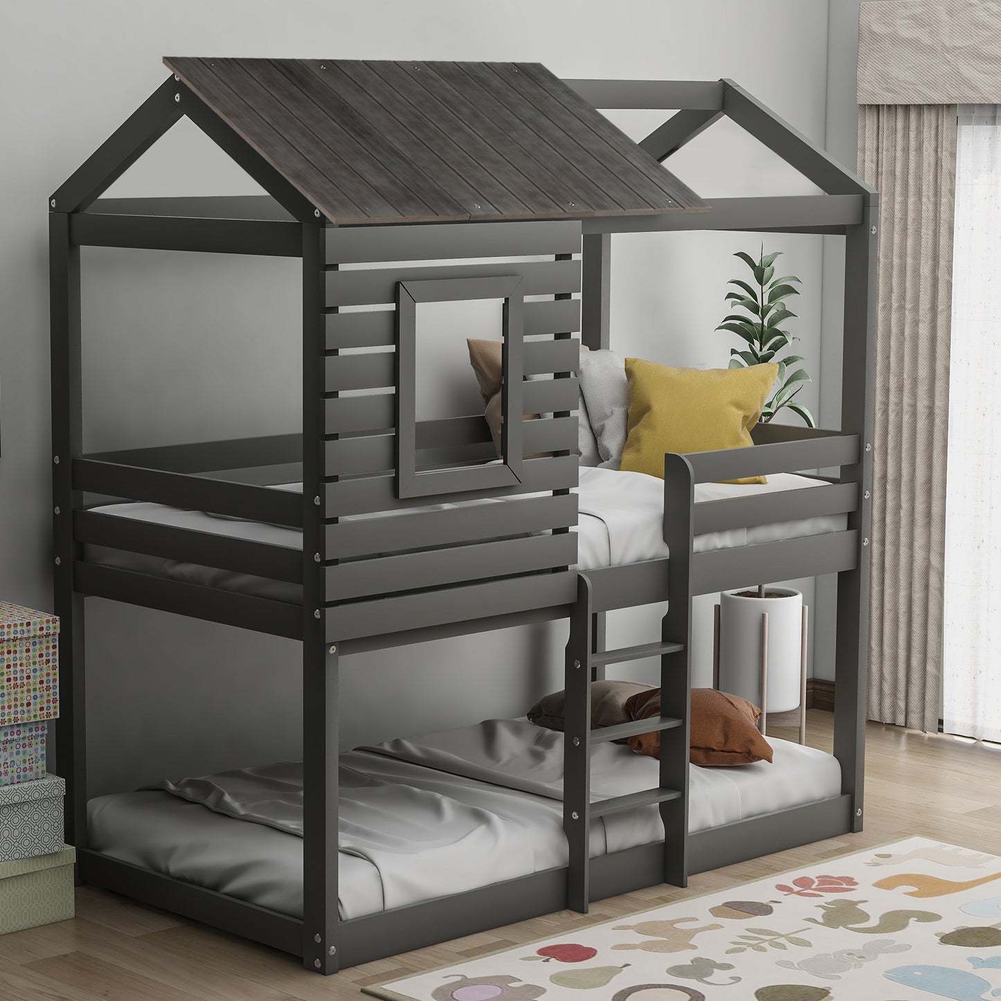 Gray Twin Over Twin Bunk Bed with Playhouse Roof and Window