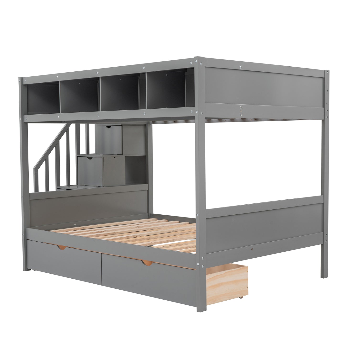 Twin over Full Bunk Bed with Storage Staircase, Drawers, and Shelfs in Gray