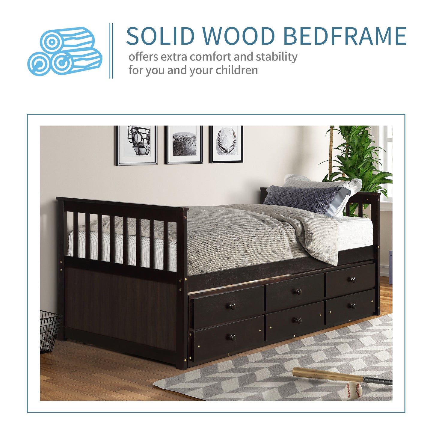 Captain's Bed Twin Daybed with Trundle Bed and Storage Drawers, Espresso