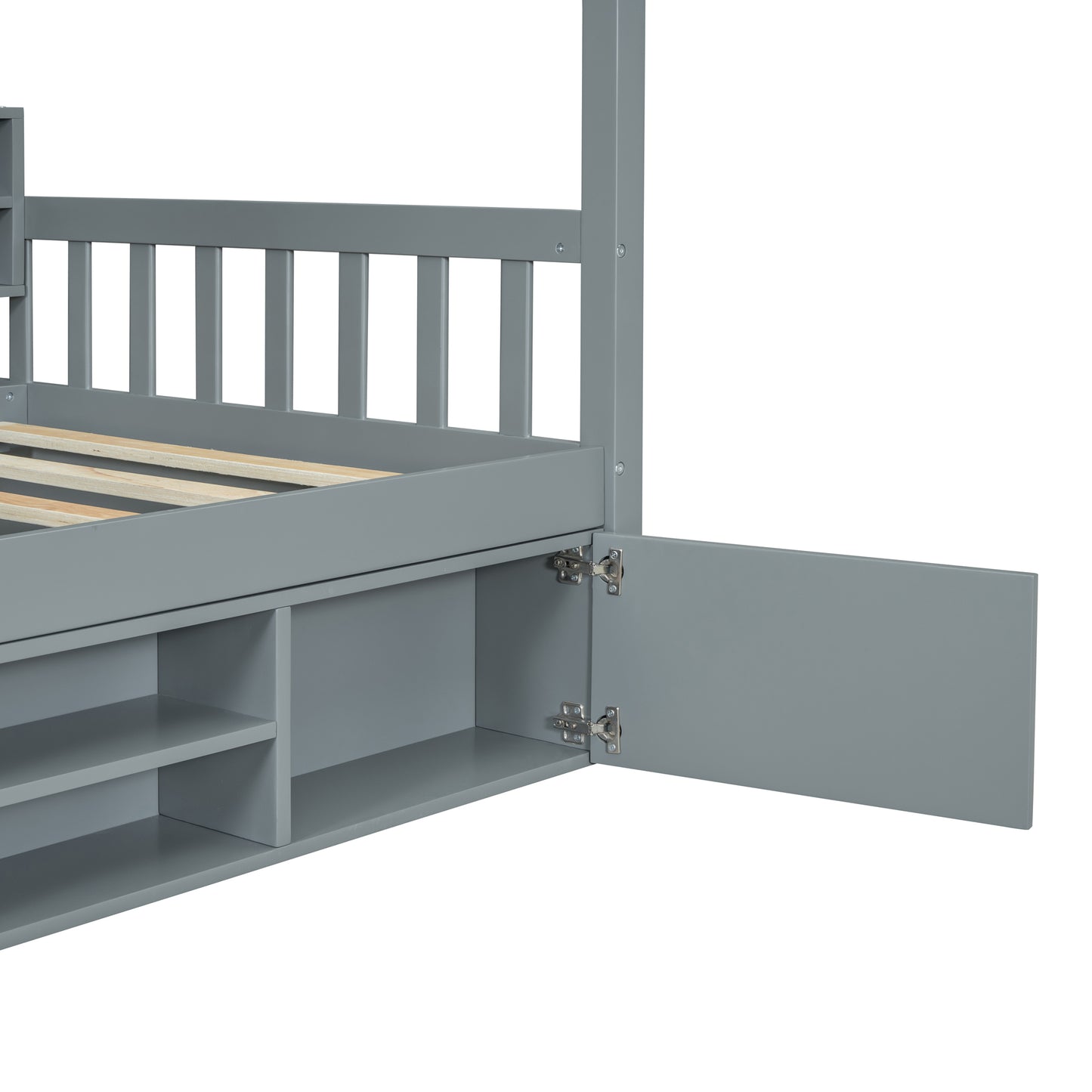 Twin Size Wooden House Bed with Shelves and a Mini-cabinet, Gray