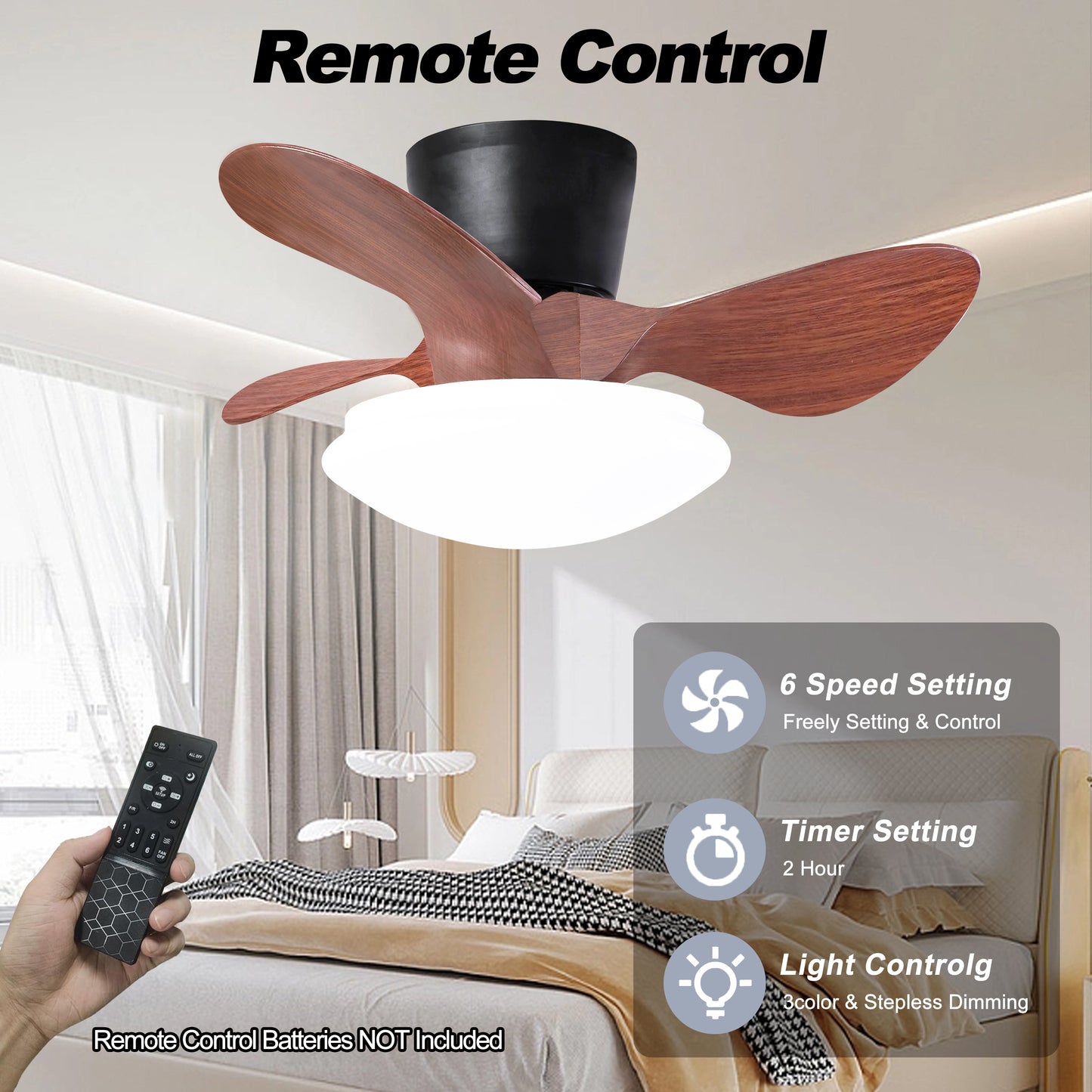 24'' Walnut Small Ceiling Fan with LED Lights, Remote Control, and Adjustable Color Temperature