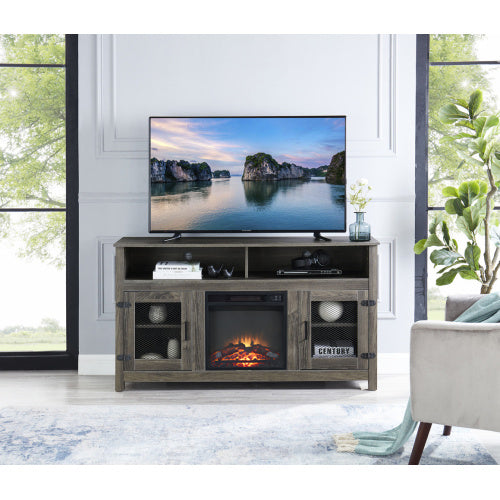 Industrial Style Electric Fireplace TV Stand with Storage Cabinet, Fits up to 65 Flat Screen TV, Grey