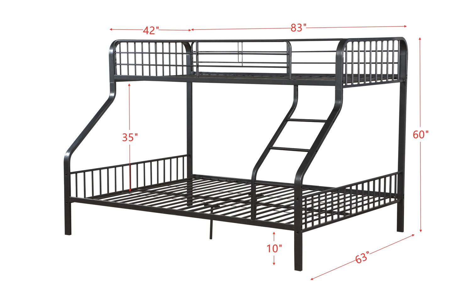 Caius Twin XL/Queen Metal Bunk Bed in Gunmetal Finish with 37605 Dimensions