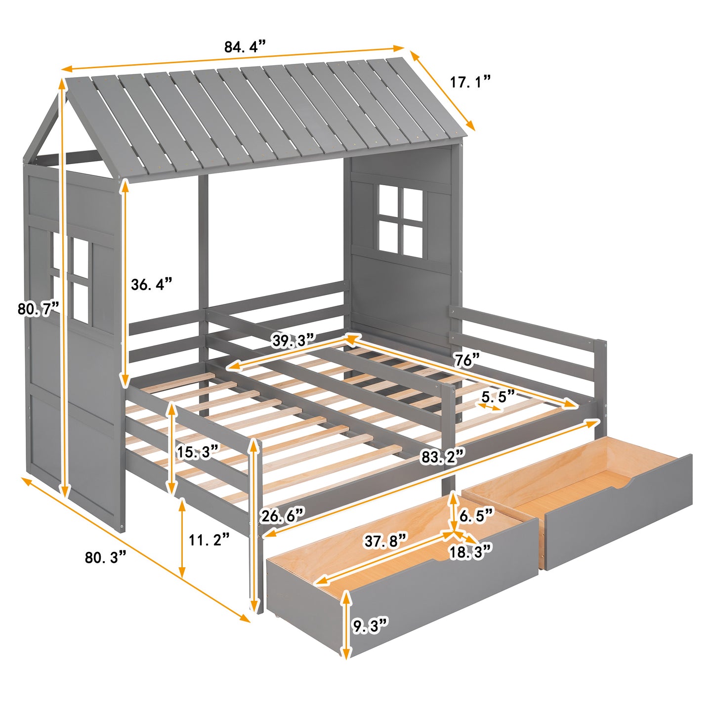 Twin Twin House Bed with 2 Drawers, Gray