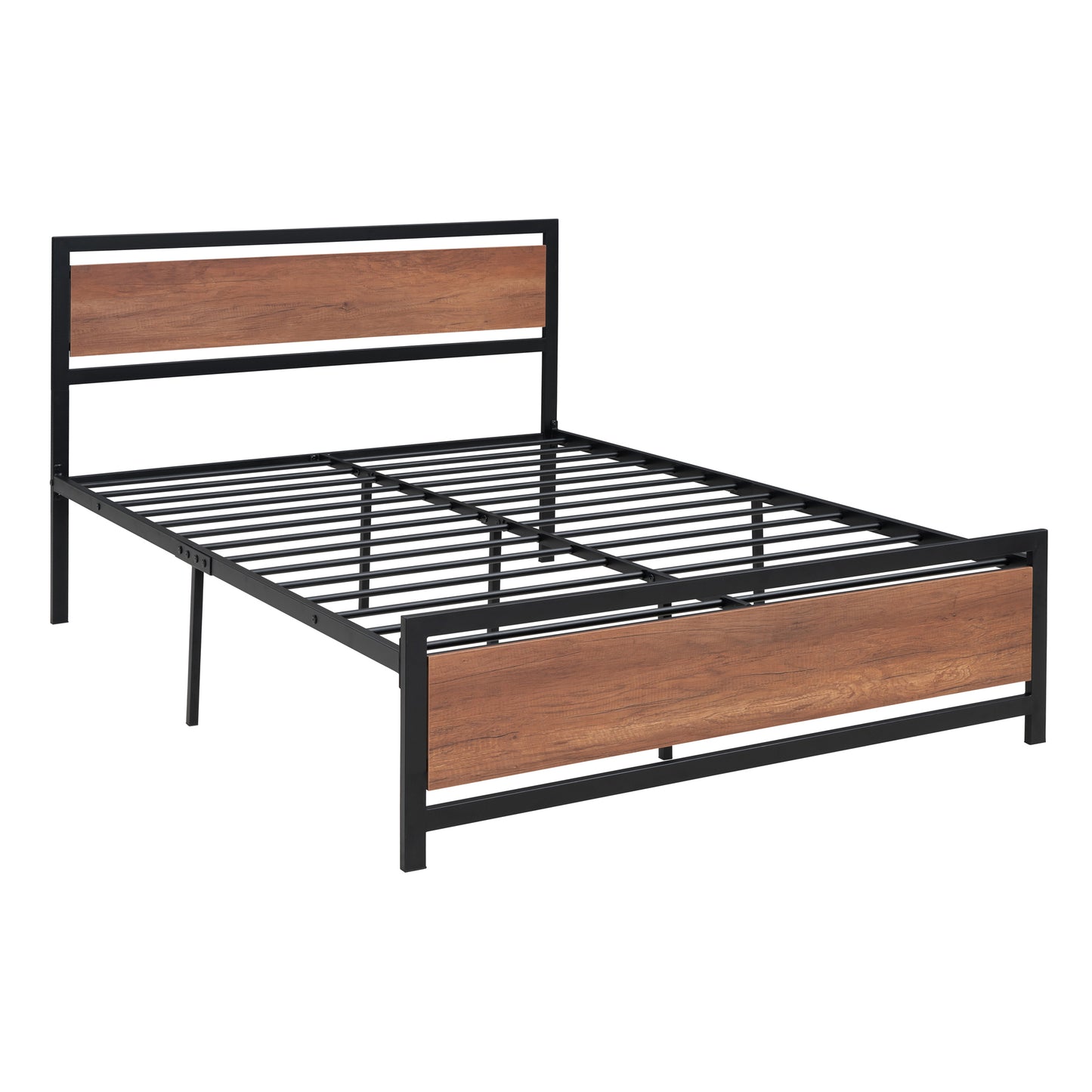 Full Size Platform Bed, Metal and Wood Bed Frame with Headboard and Footboard , Black