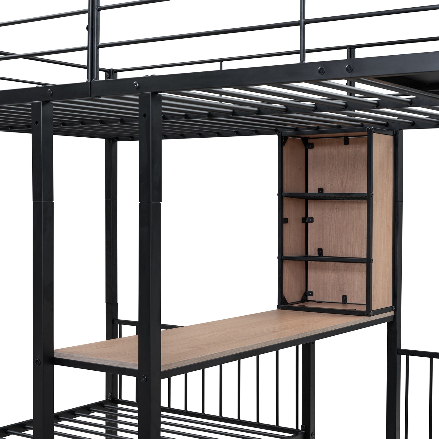 Full Over Twin & Twin Bunk Bed with Desks, Shelves, and Drawers in Black Metal Frame