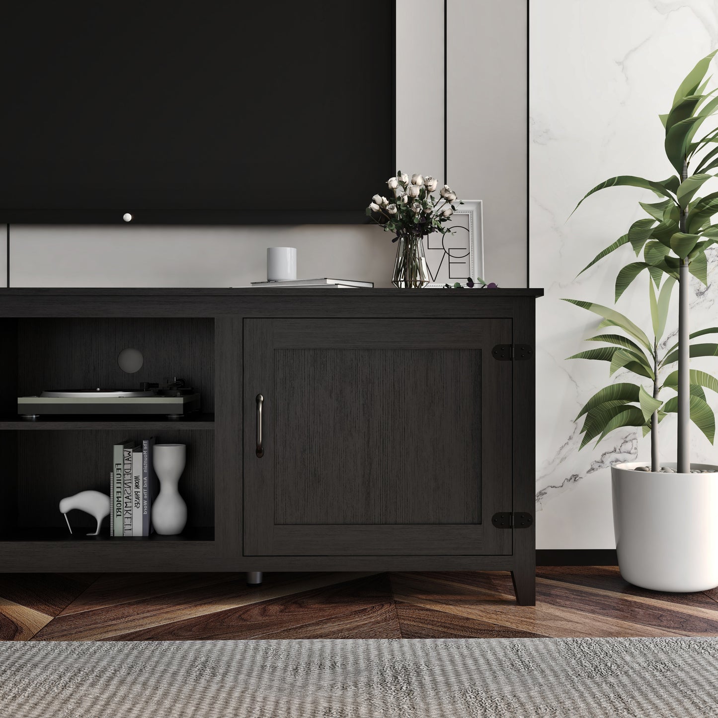 Traditional Black TV Stand with Spacious Storage and Durable Design