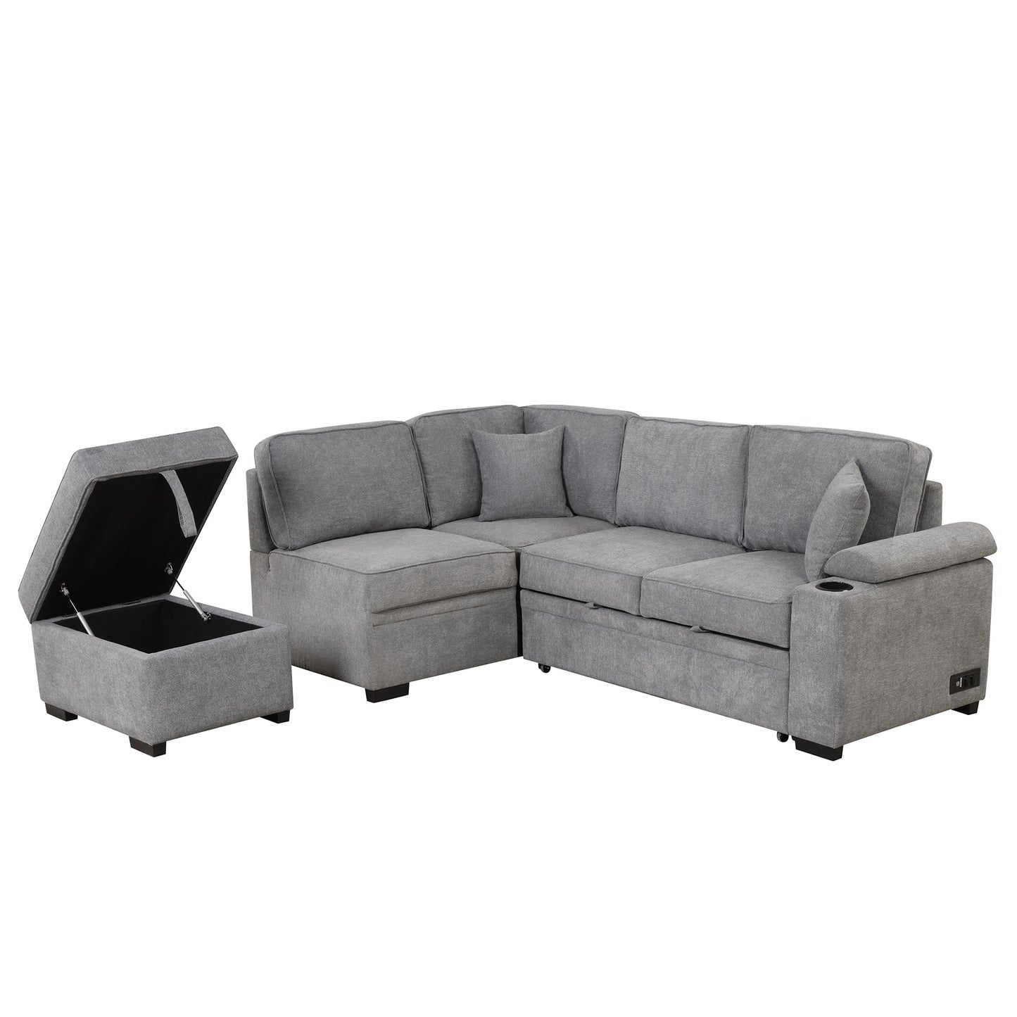 87.4 Gray L-Shaped Sleeper Sofa Bed with Ottoman Storage