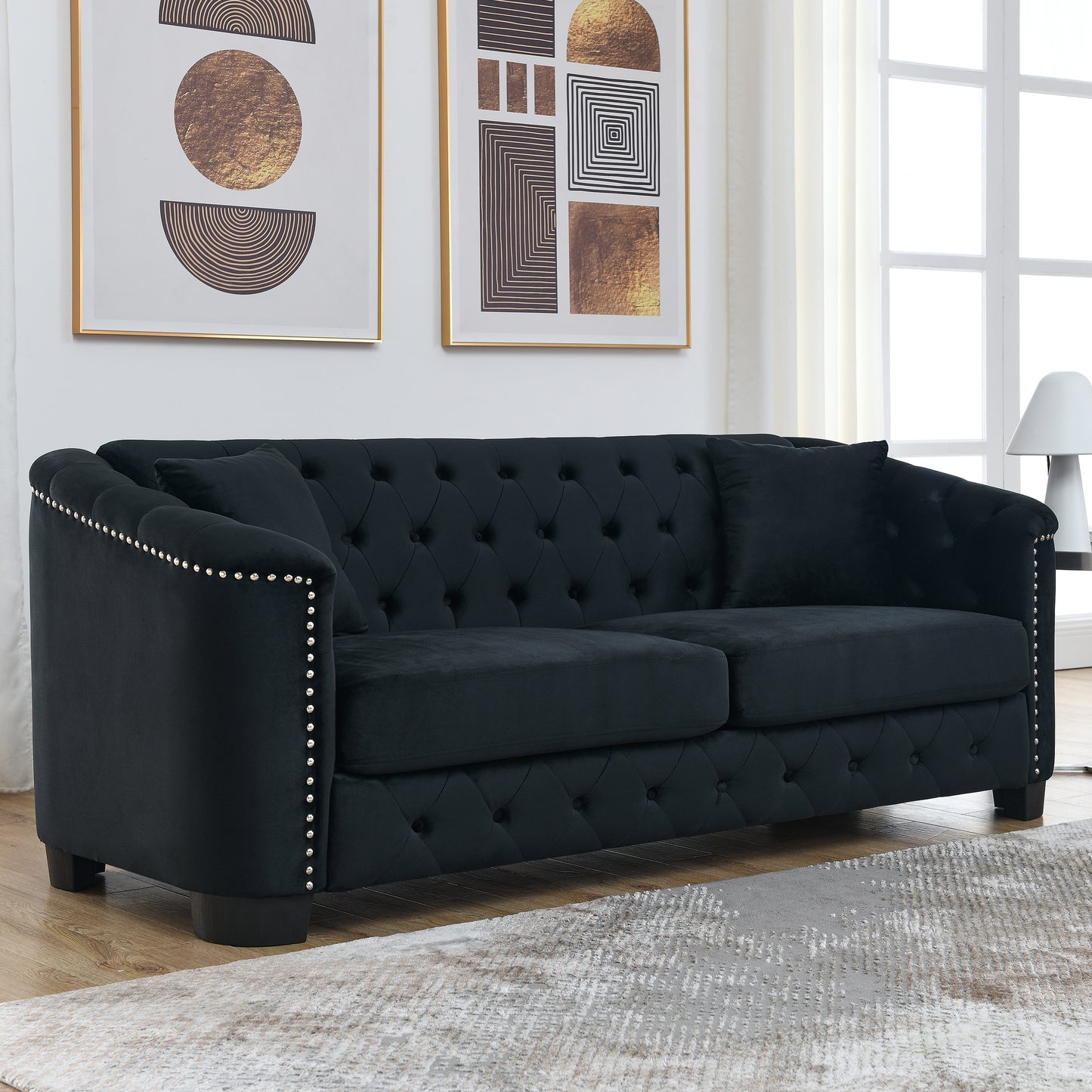 Stylish Black Velvet Combination Sofa Set with Nailhead Trim