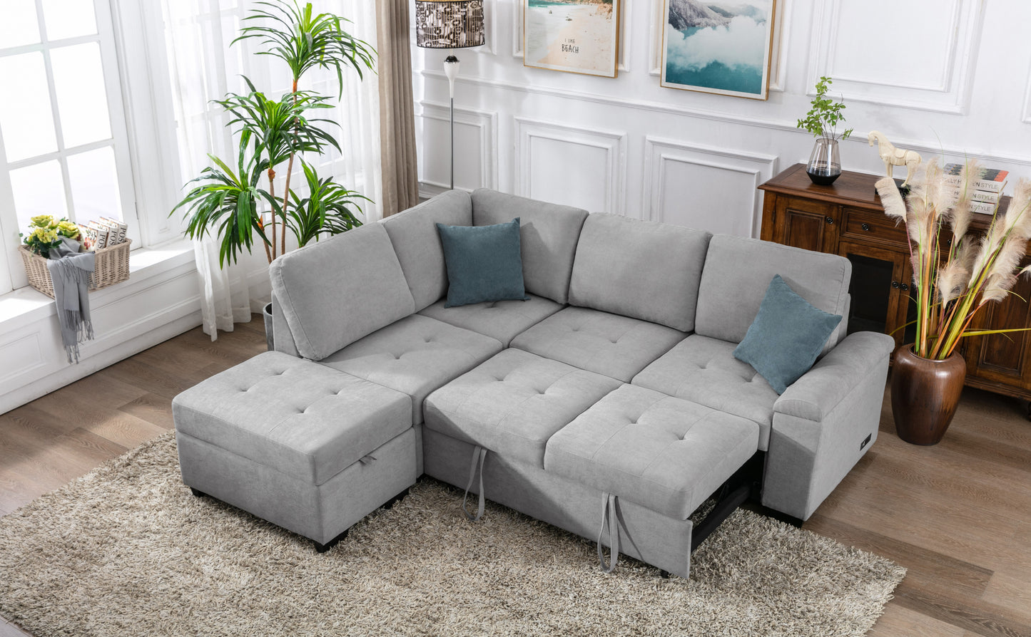 Elegant Gray Sleeper Sectional Sofa with L-Shape Design & Hidden Storage