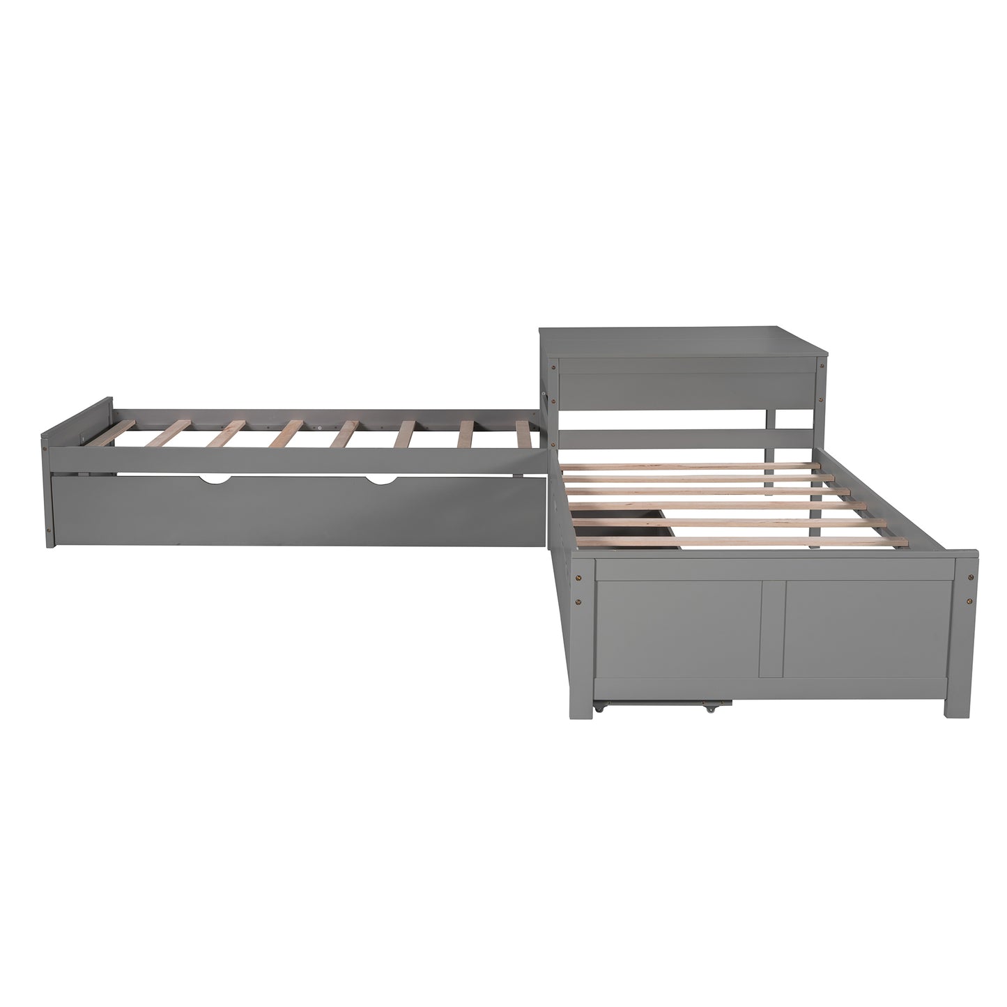 L-shaped Platform Bed with Trundle and Drawers Linked with built-in Desk,Twin,Gray