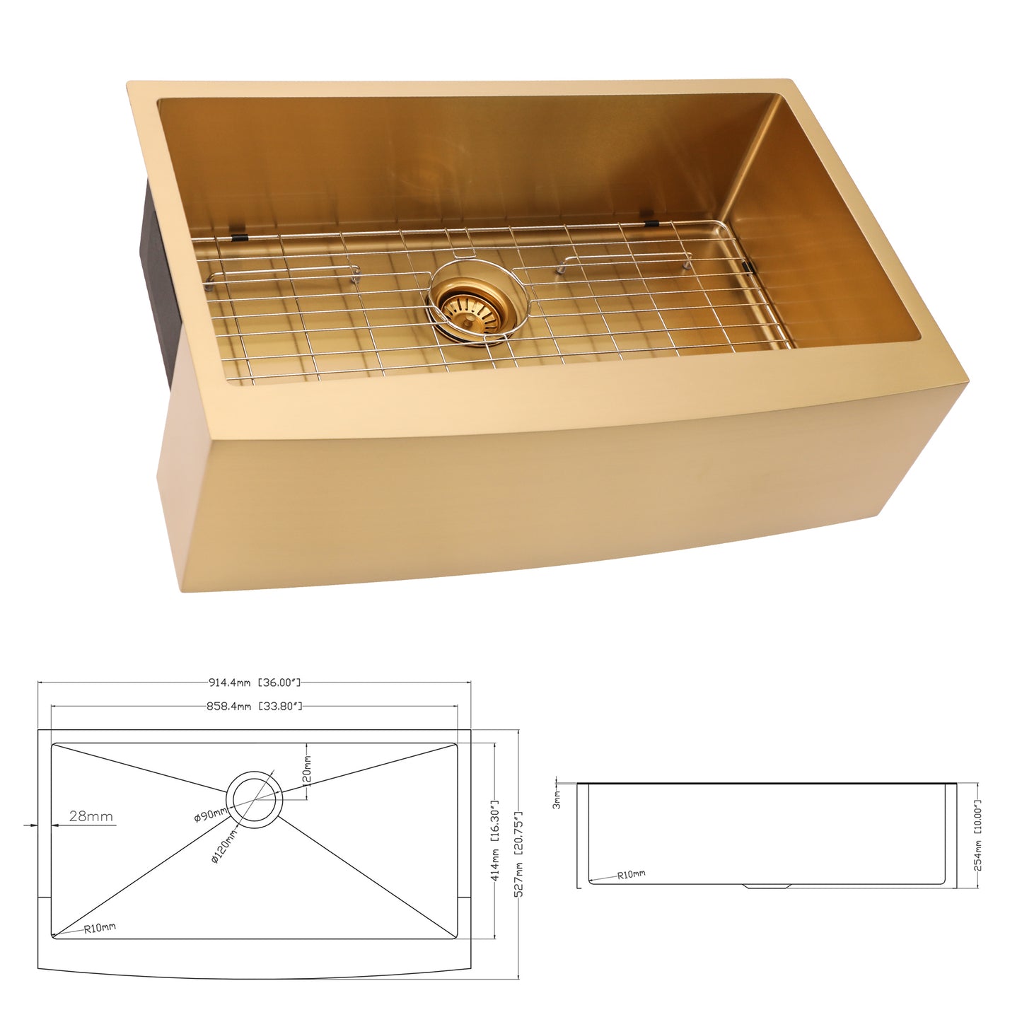 36 Gold Stainless Steel Farmhouse Kitchen Sink with Nano-PVD Gold Finish