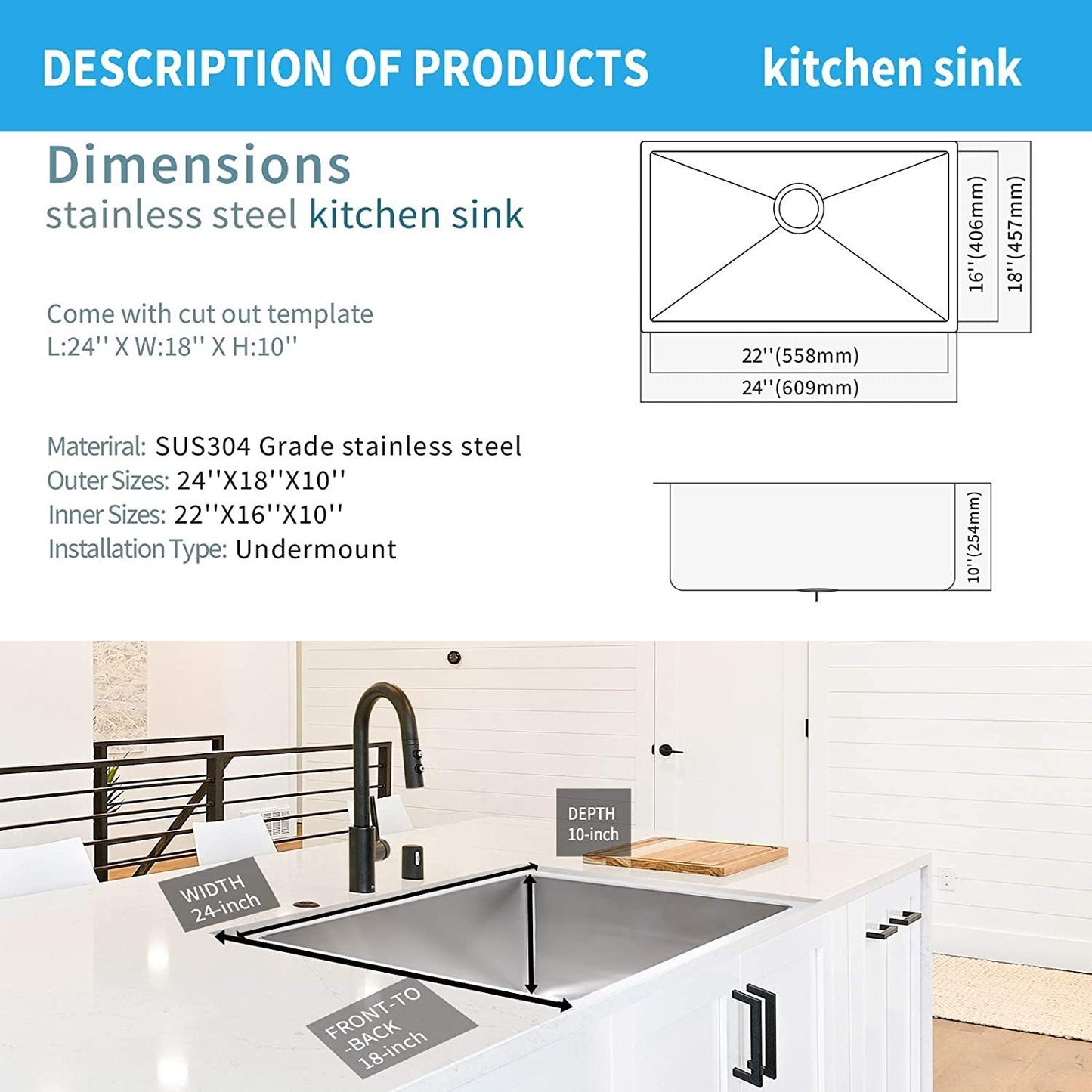 24-Inch Stainless Steel Undermount Workstation Kitchen Sink with Accessories