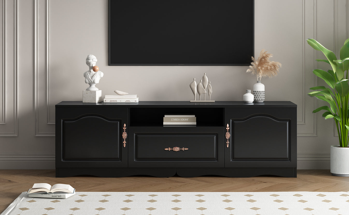 Elegant Black TV Stand with Storage for 60+ Inch TV, Modern Console Cabinet Furniture